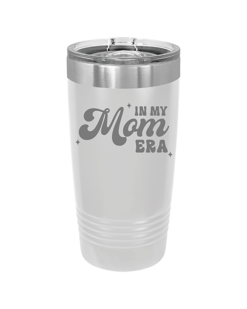 Laser engraved 20oz tumbler – In My Mom Era quote, personalized stainless steel travel mug for moms