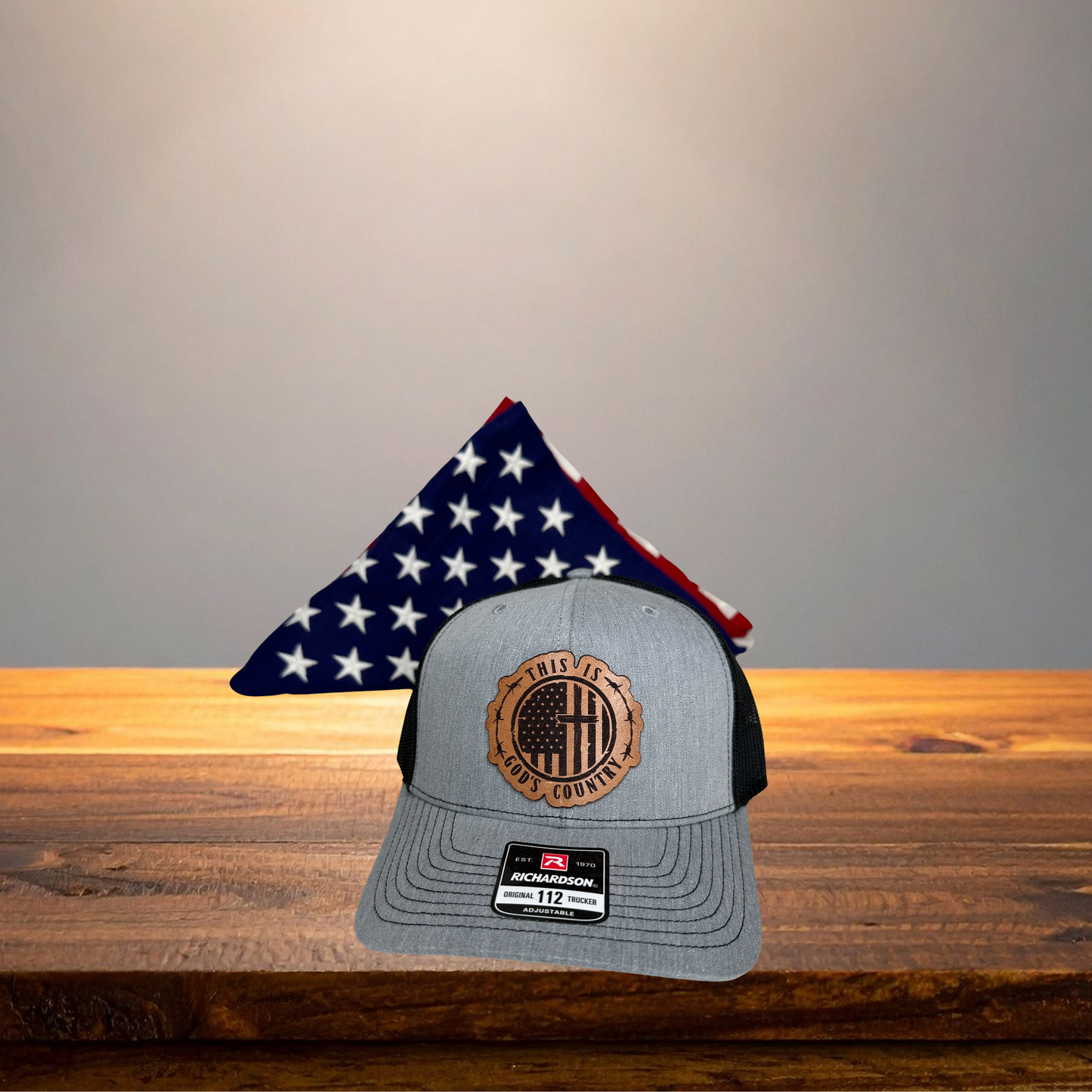 God's Country leather patch hat in charcoal FlexFit style front view