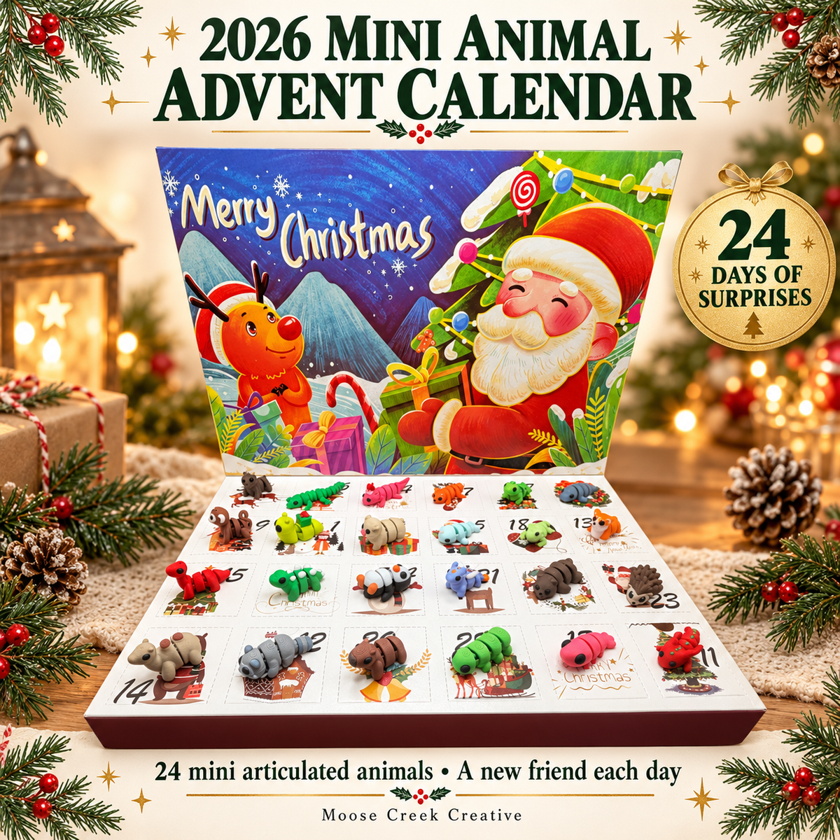Animal Advent: 24-day Christmas Advent calendar with colorful mini 3D-printed articulated animals