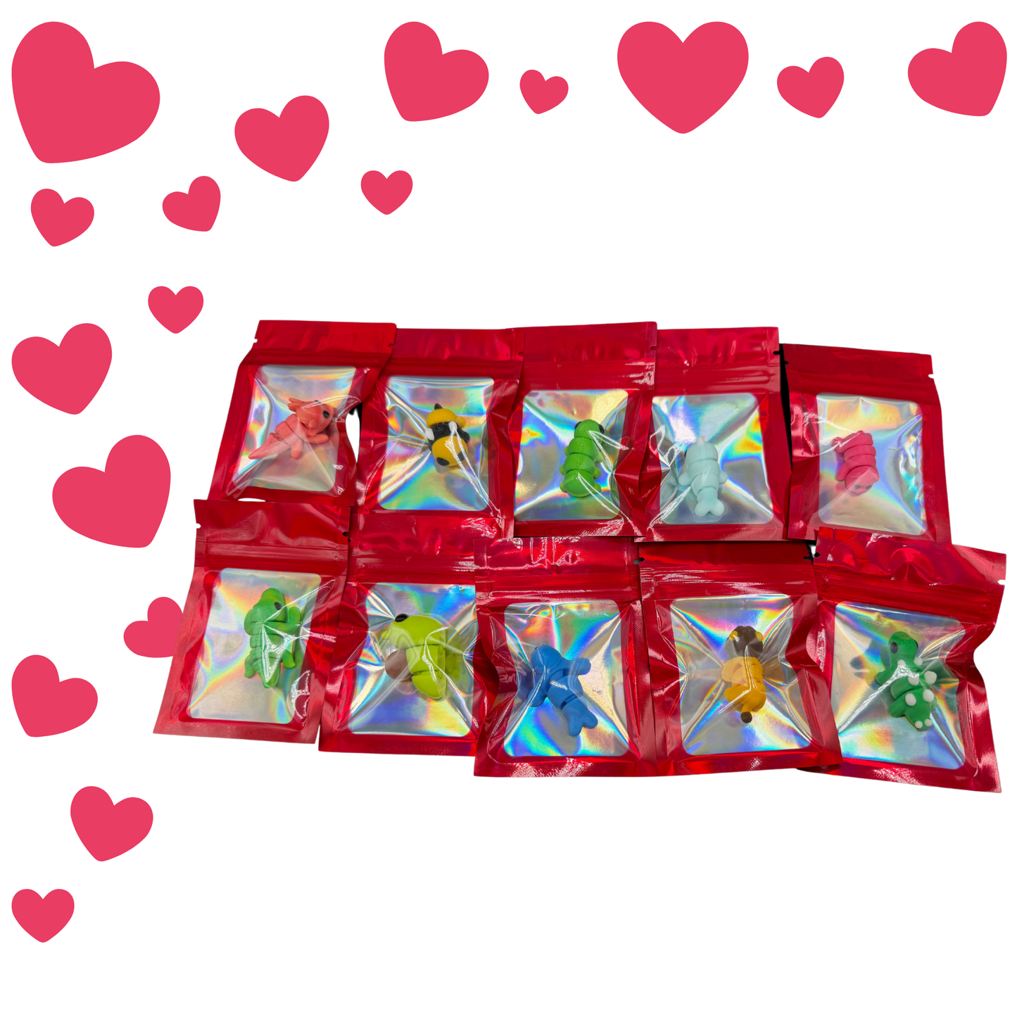 Kids Classroom Valentines with Mini 3d Printed Articulated Critters (Packs of 10)