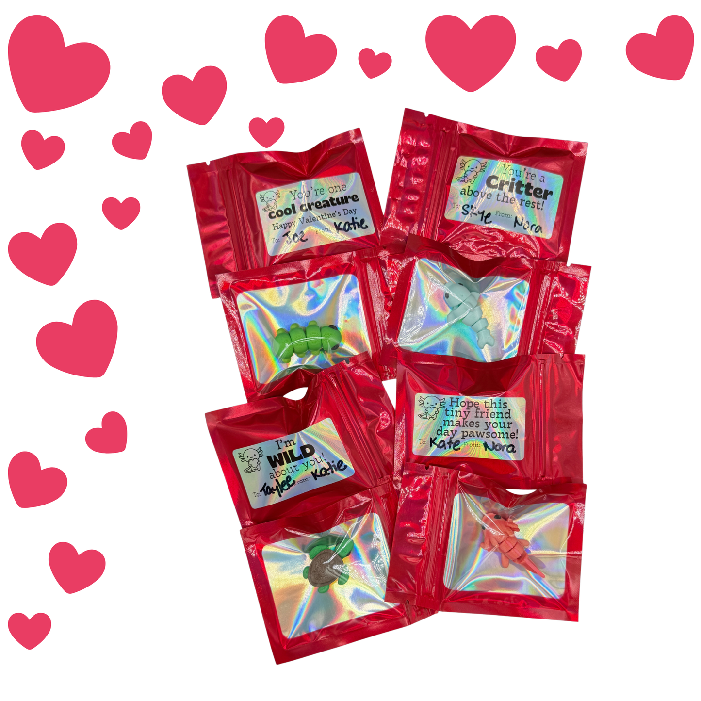 Kids Classroom Valentines with Mini 3d Printed Articulated Critters (Packs of 10)