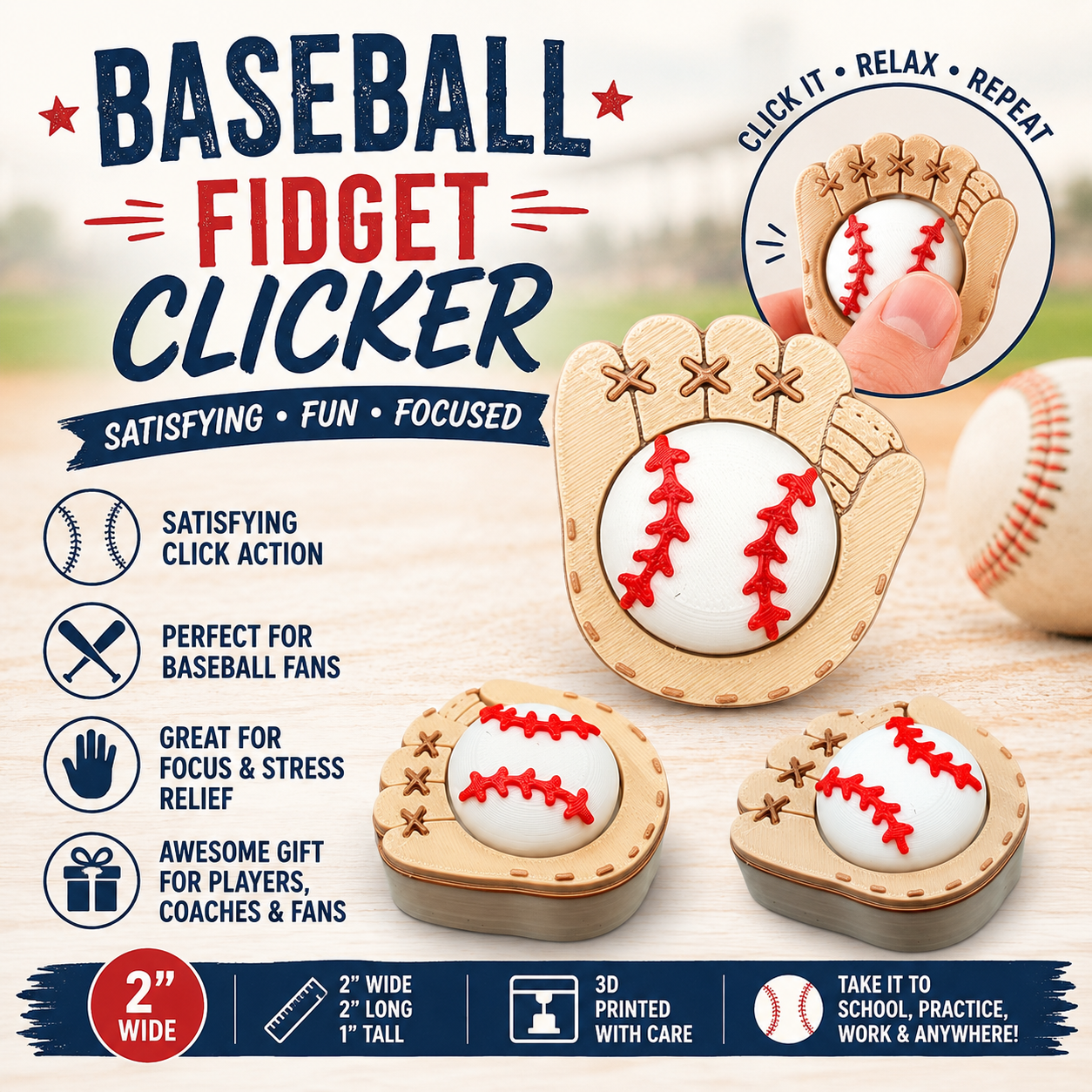 Baseball Fidget Clicker front view featuring baseball glove and baseball design