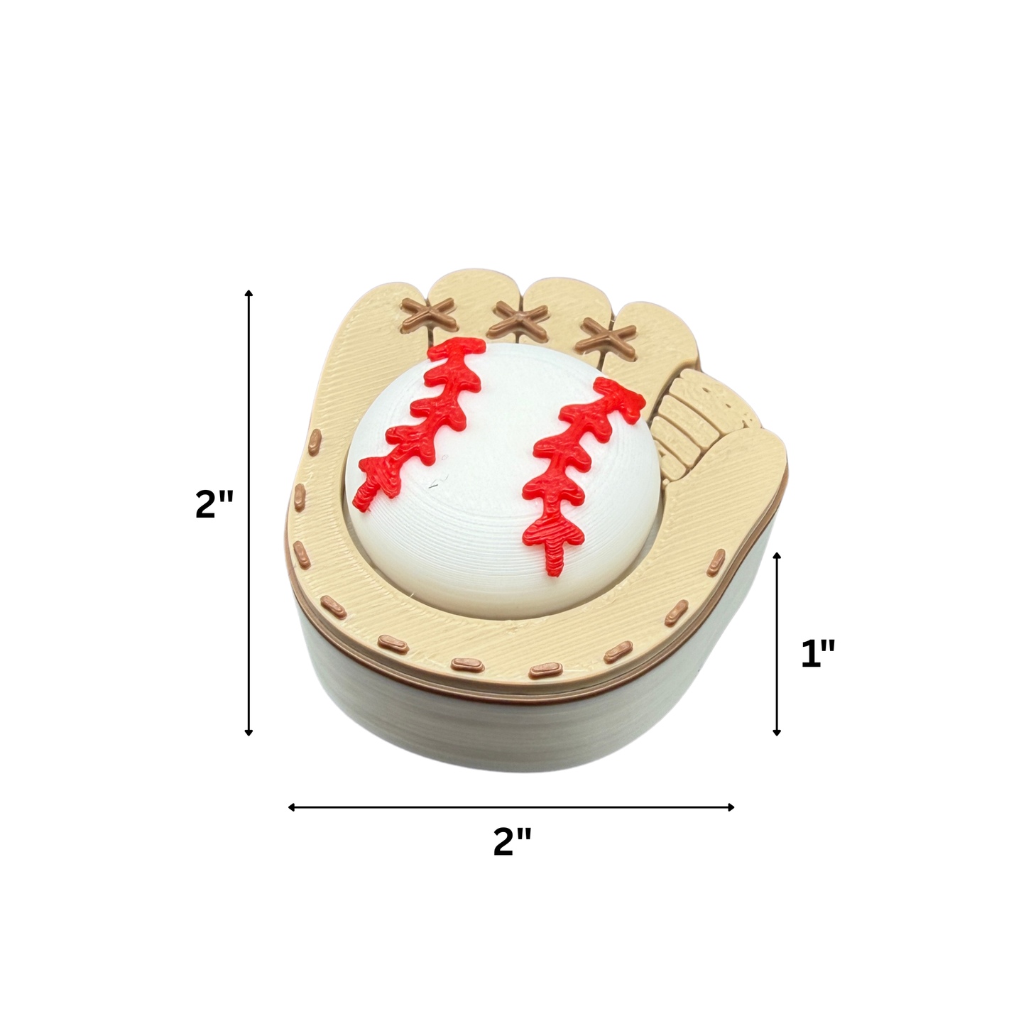 3D printed Baseball Fidget Clicker angled view showing detailed glove stitching