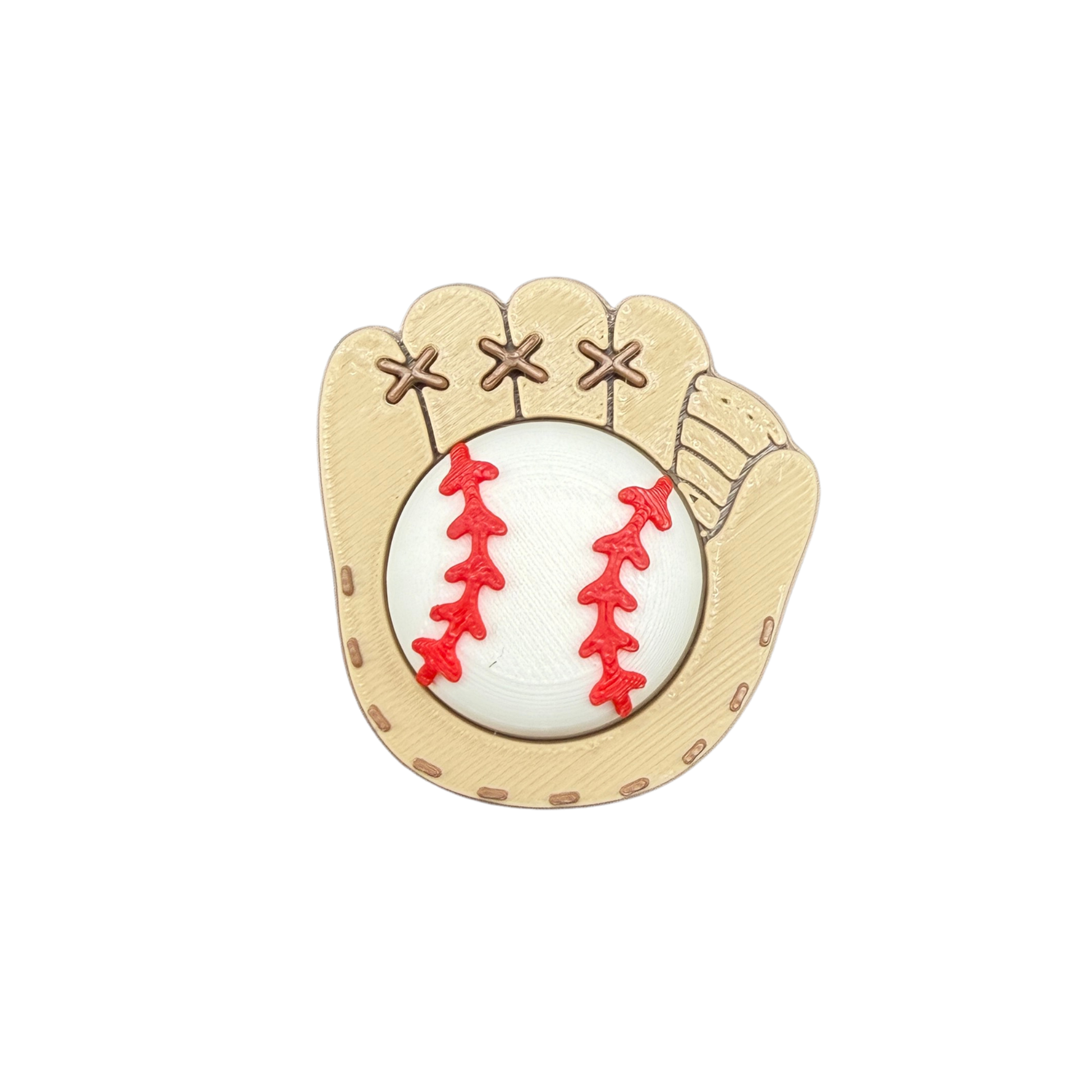 3D printed Baseball Fidget Clicker angled view showing detailed glove stitching