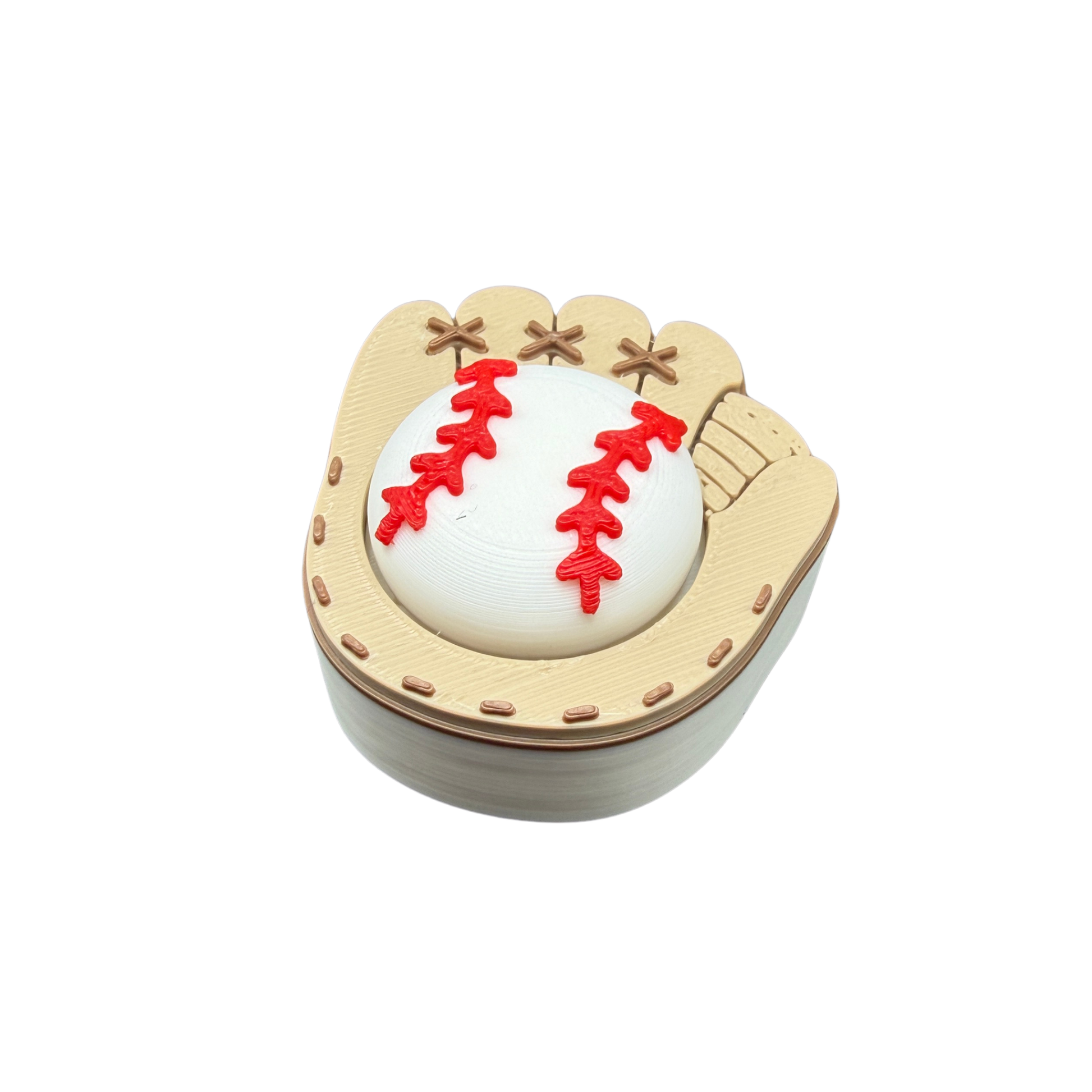 Baseball glove click toy side profile with realistic baseball details