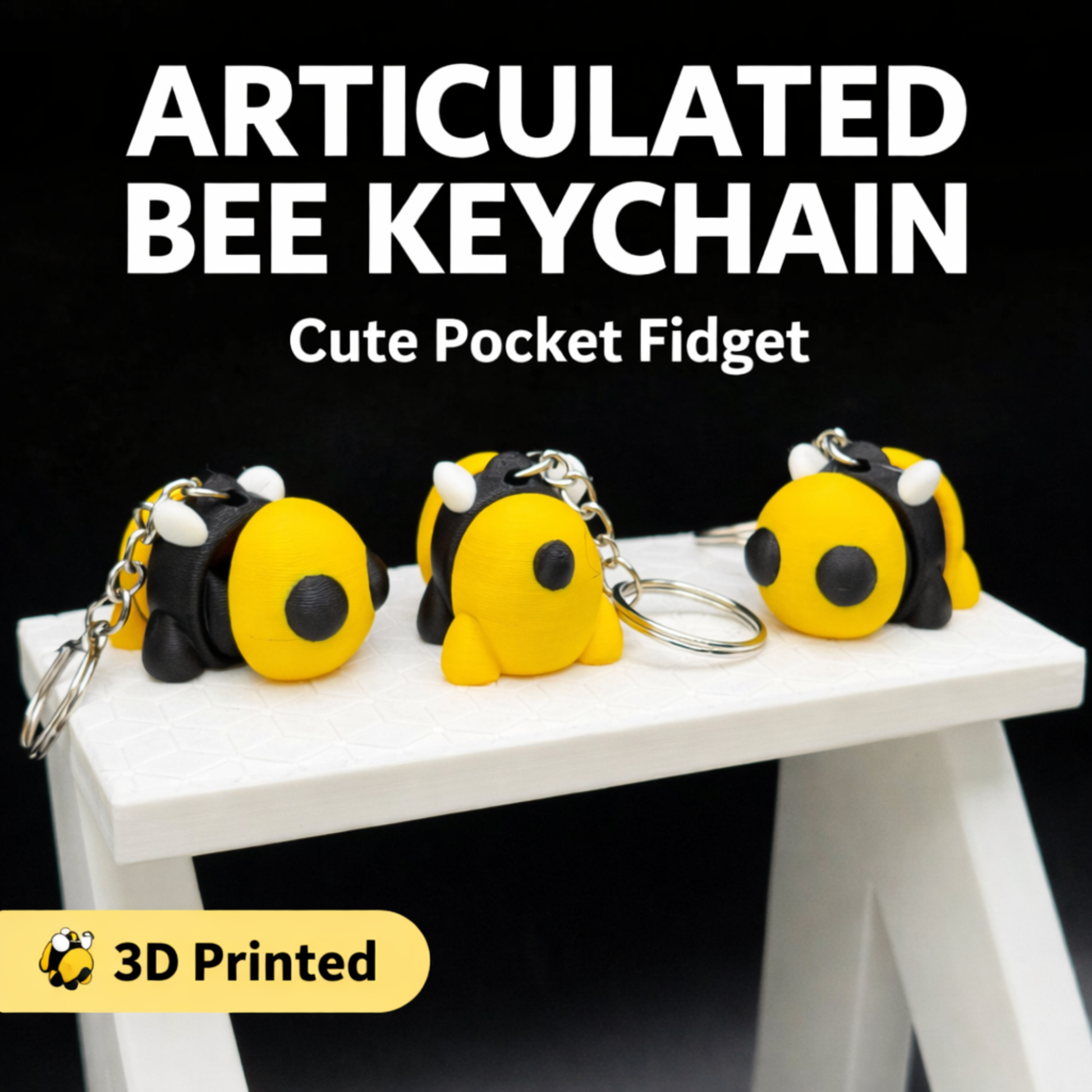 Cute Bee Keychain articulated 3D printed bee charm on display stand
