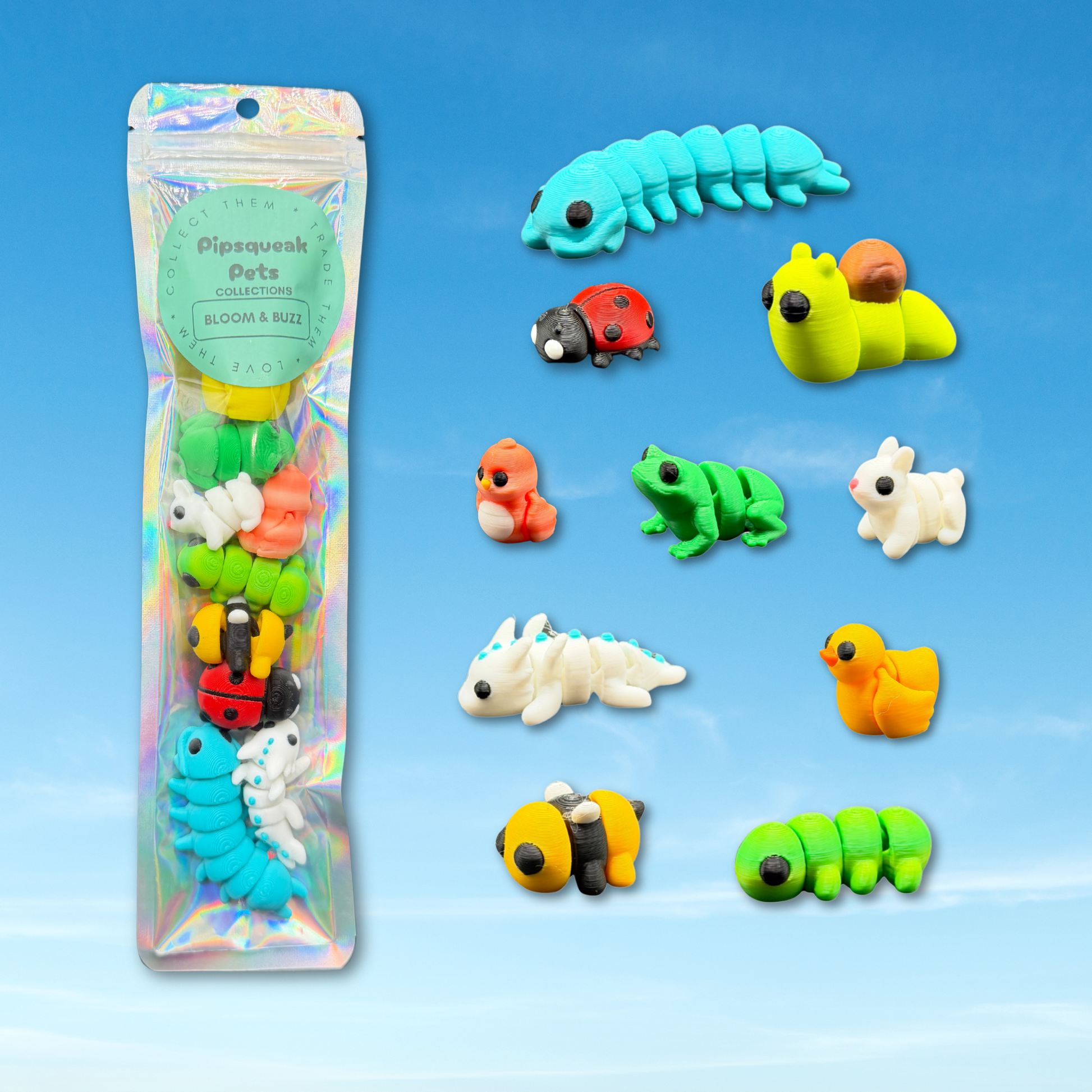 Pipsqueak Pets Bloom and Buzz 3D printed mini collectible animal figures set of 10 on display stand