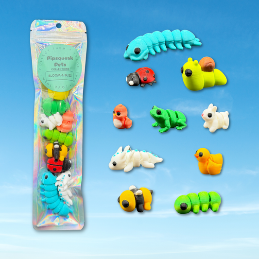 Pipsqueak Pets Bloom and Buzz 3D printed mini collectible animal figures set of 10 on display stand