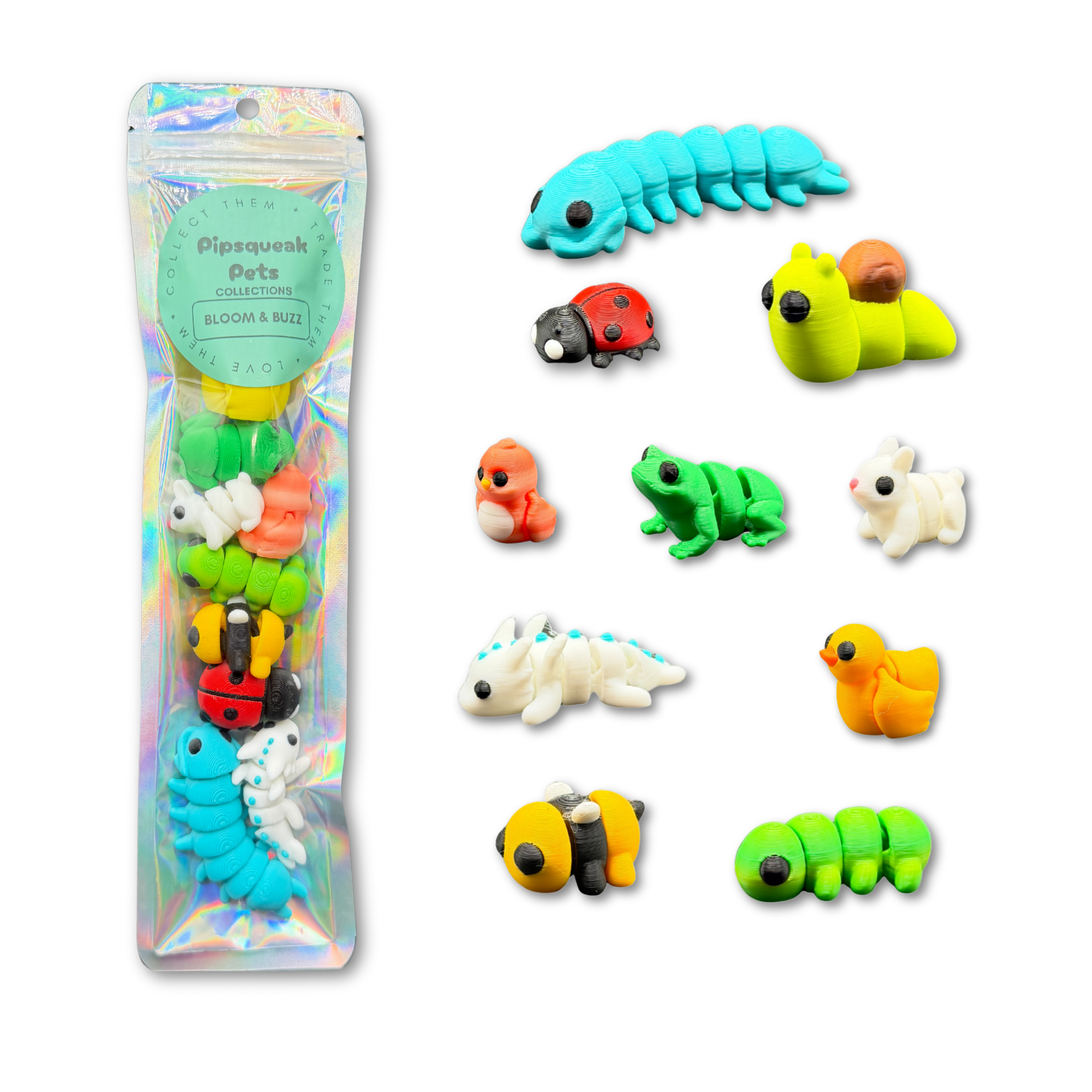 All 10 Bloom and Buzz 3D printed mini animal figures displayed including dragon centipede and bunny