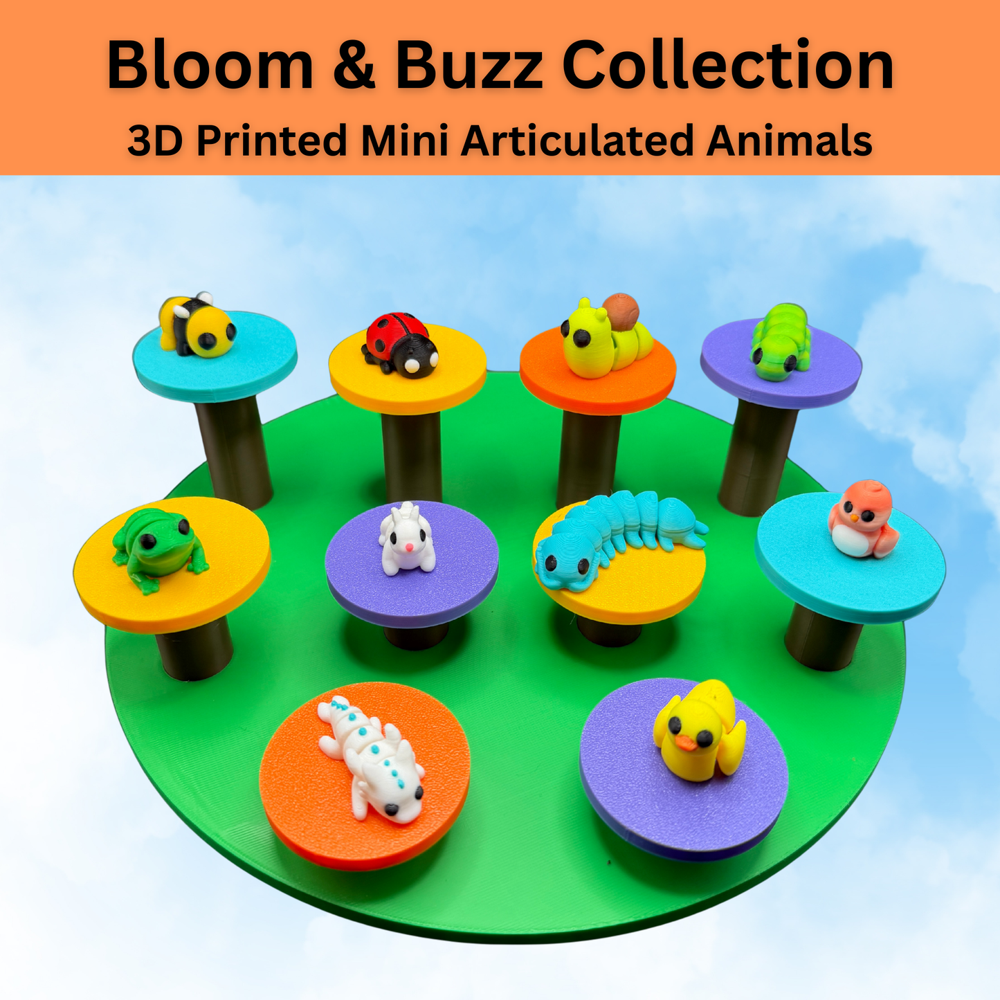 Close-up of articulated 3D printed mini animal figures including bee ladybug and frog