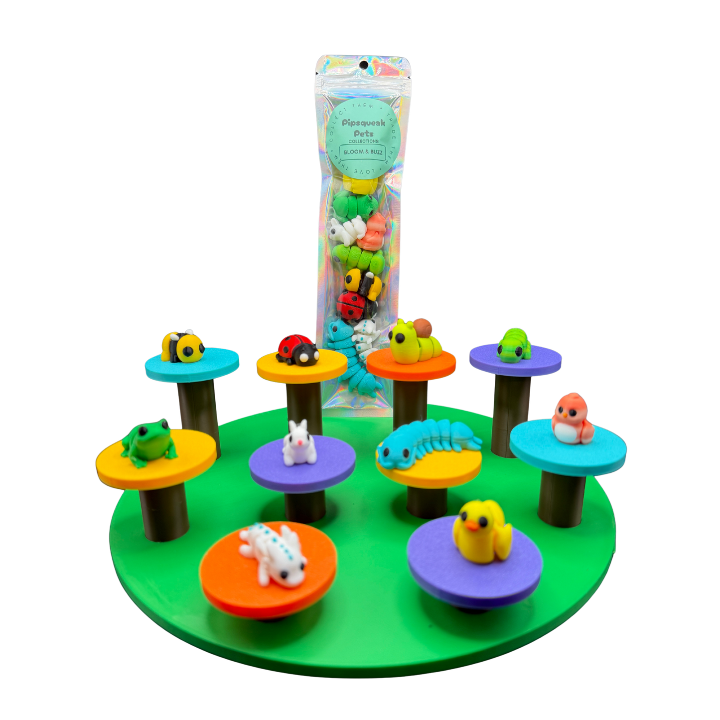 All 10 Bloom and Buzz 3D printed mini animal figures displayed including dragon centipede and bunny