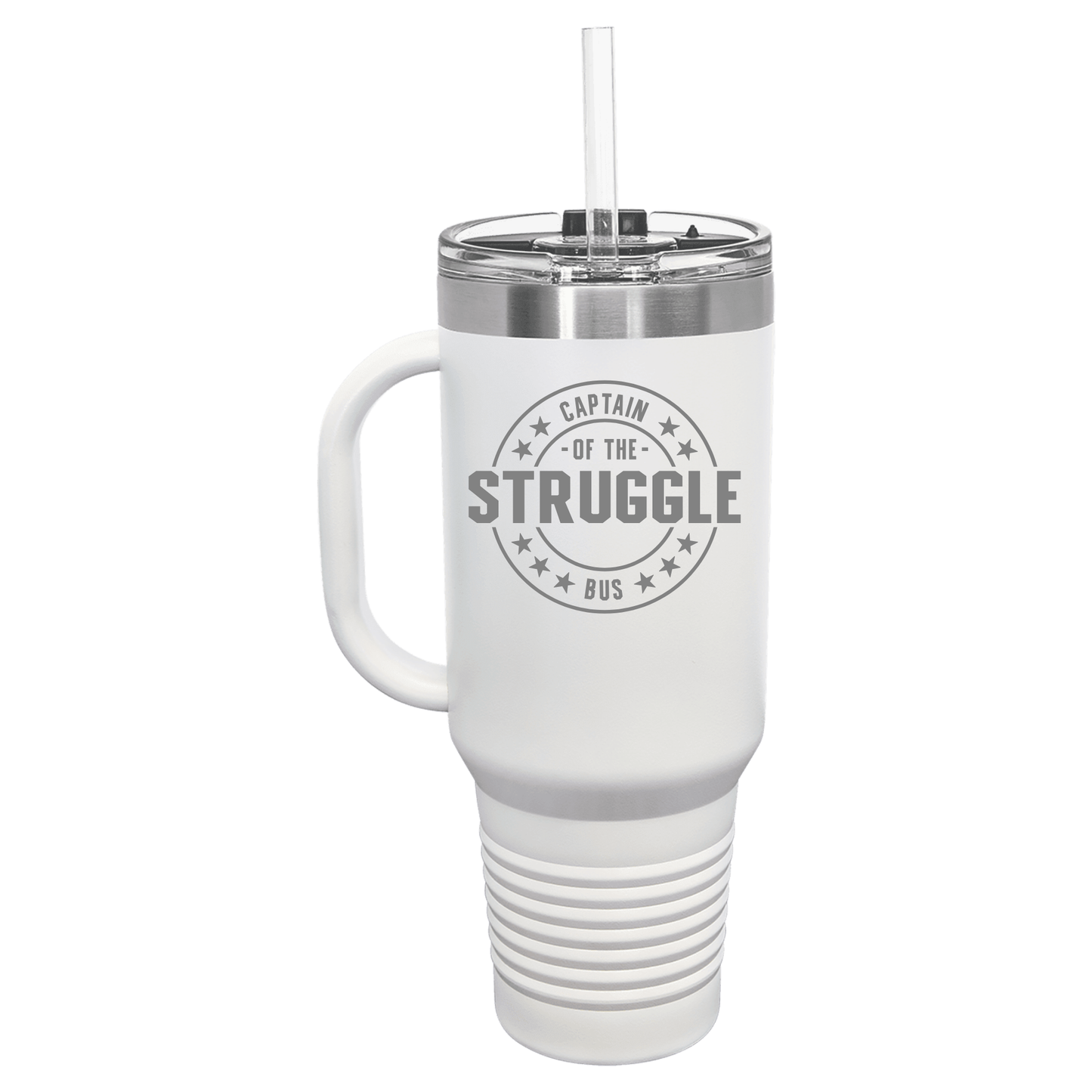 Funny 40oz insulated tumbler white Captain of the Struggle Bus engraved gift