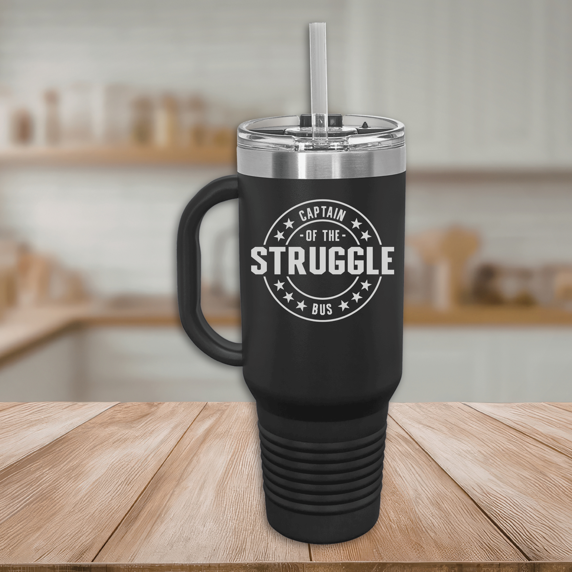 Personalized 40oz tumbler with handle laser engraved Captain of the Struggle Bus in coral