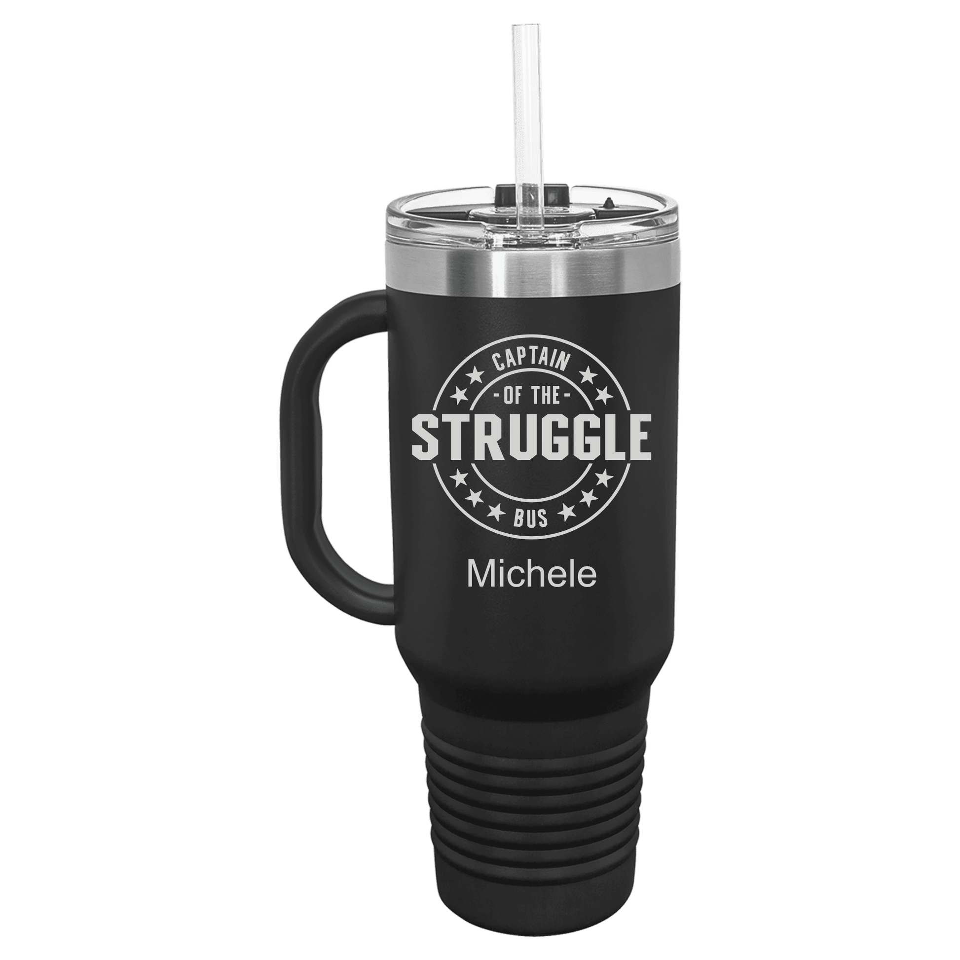 Personalized 40oz tumbler with handle laser engraved Captain of the Struggle Bus in coral