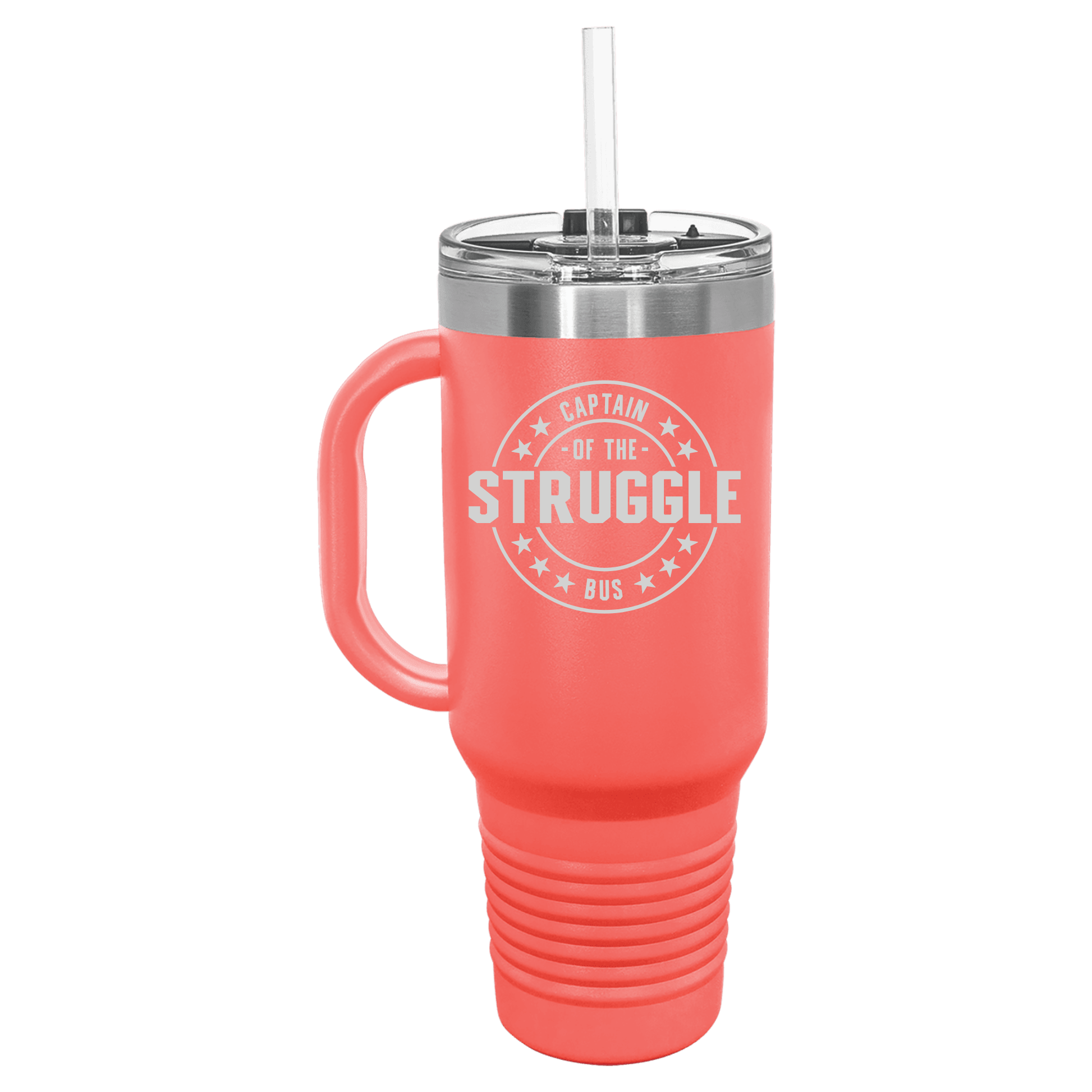 Custom name laser engraved travel mug with straw and handle in pink