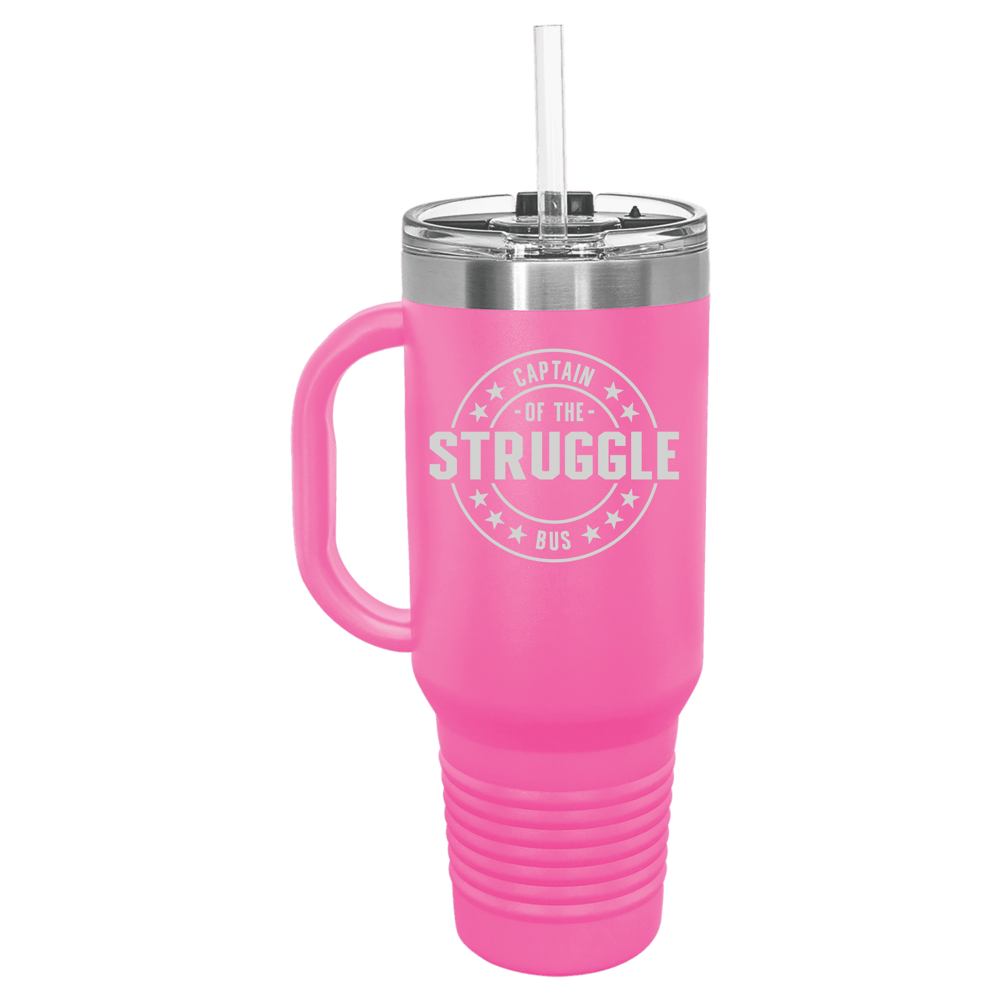 Laser engraved struggle bus tumbler showing leak-proof lid and reusable straw detail