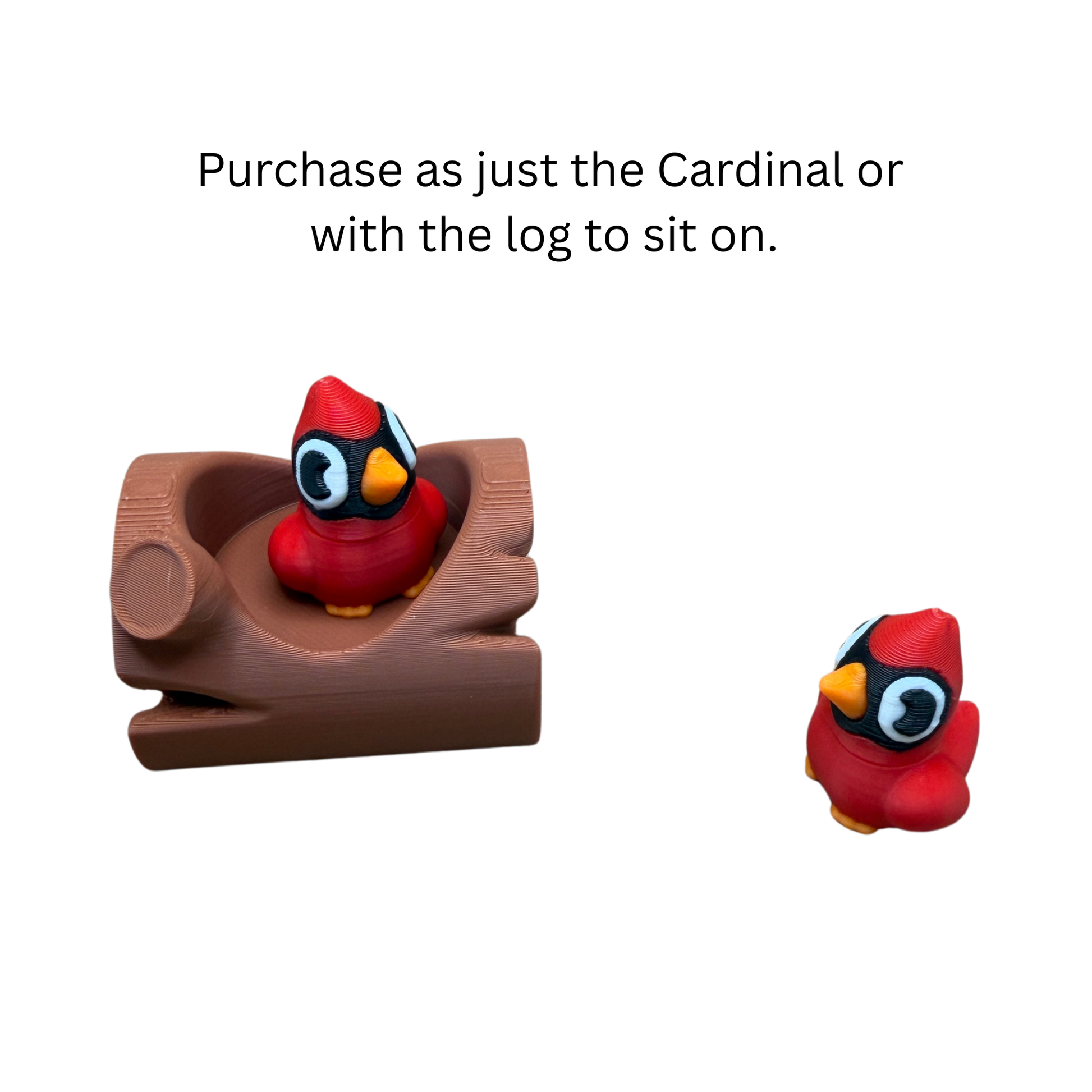 Cardinal bird figurine sitting on 3D printed log perch brown rustic display