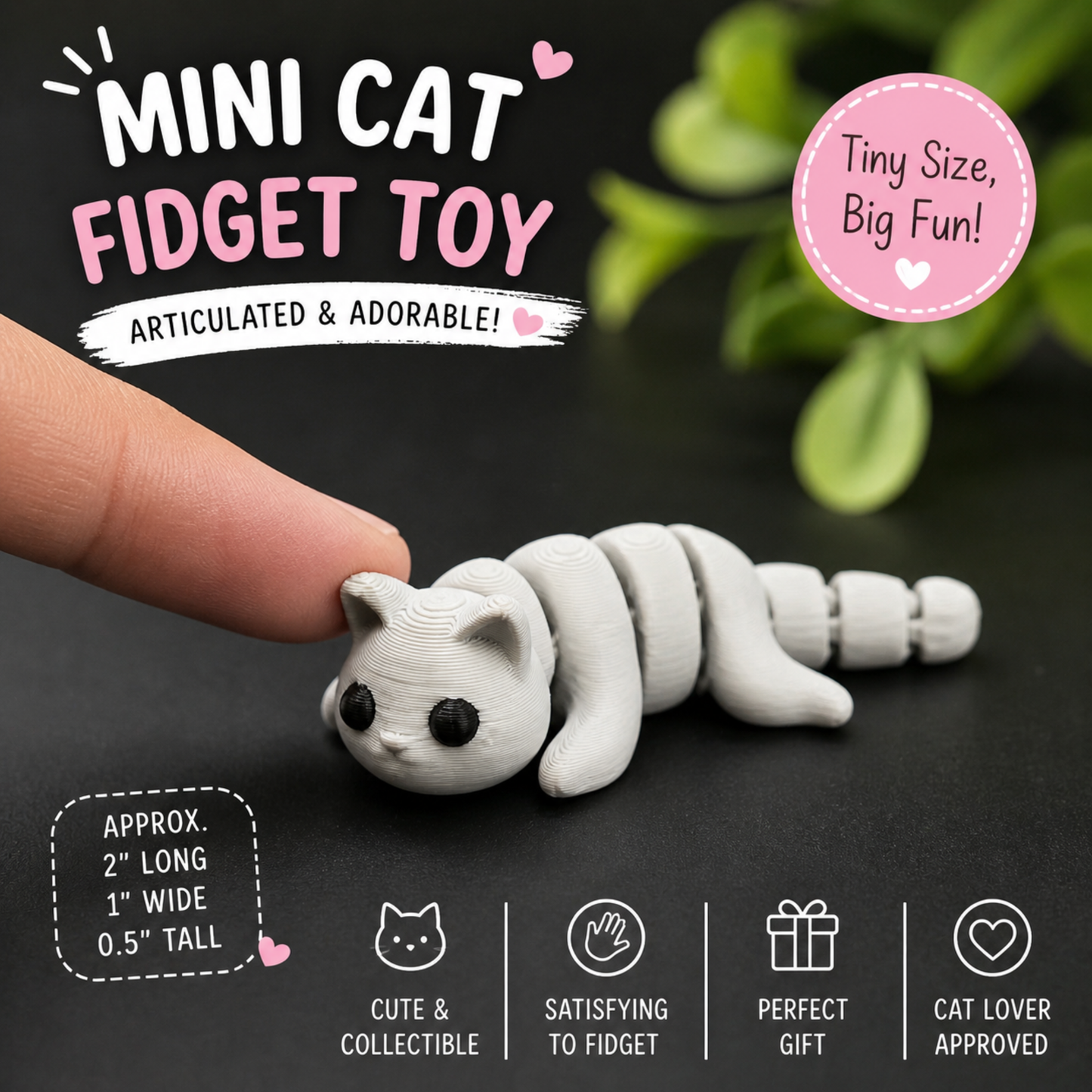 mini cat fidget toy 3D printed articulated cat close up