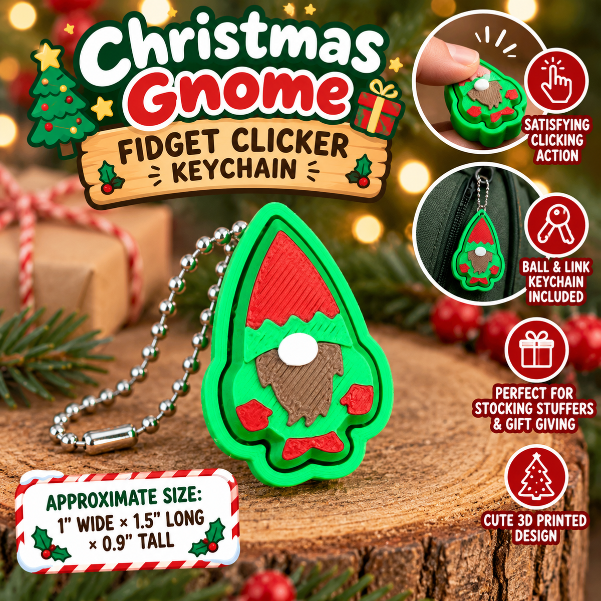 Christmas Gnome Fidget Clicker Keychain