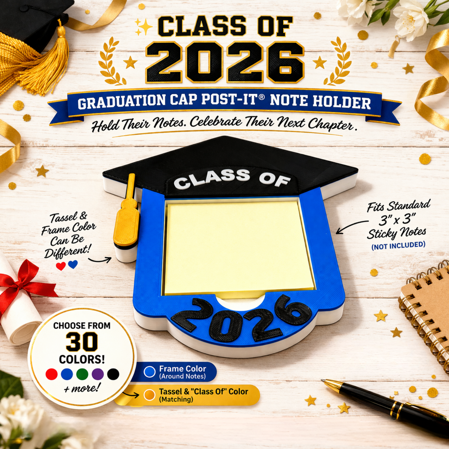 Unique graduation gift 2026 — Class of 2026 grad cap sticky note holder in blue and black, 3D printed