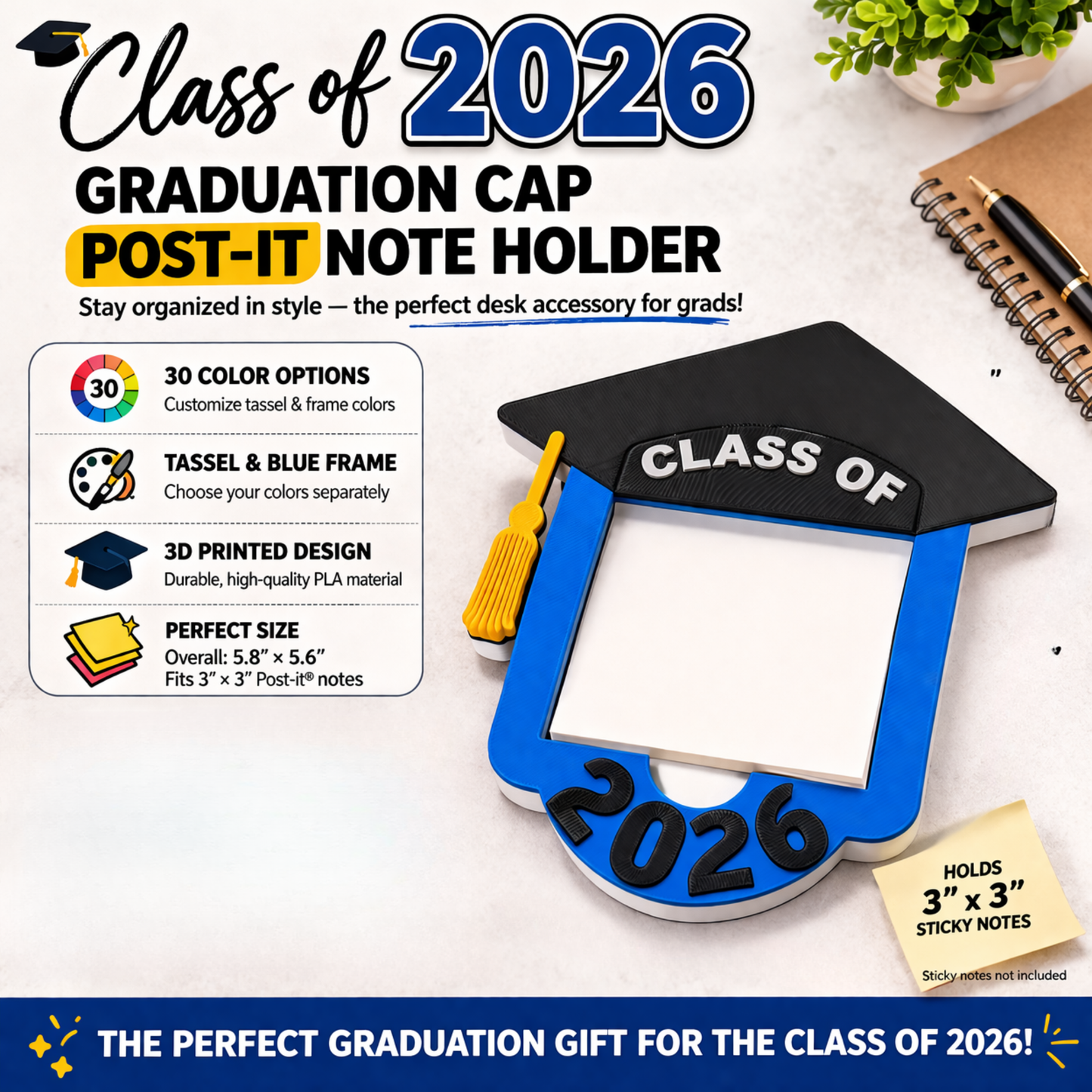 Unique grad gift for Class of 2026 — graduation cap note holder on college dorm desk