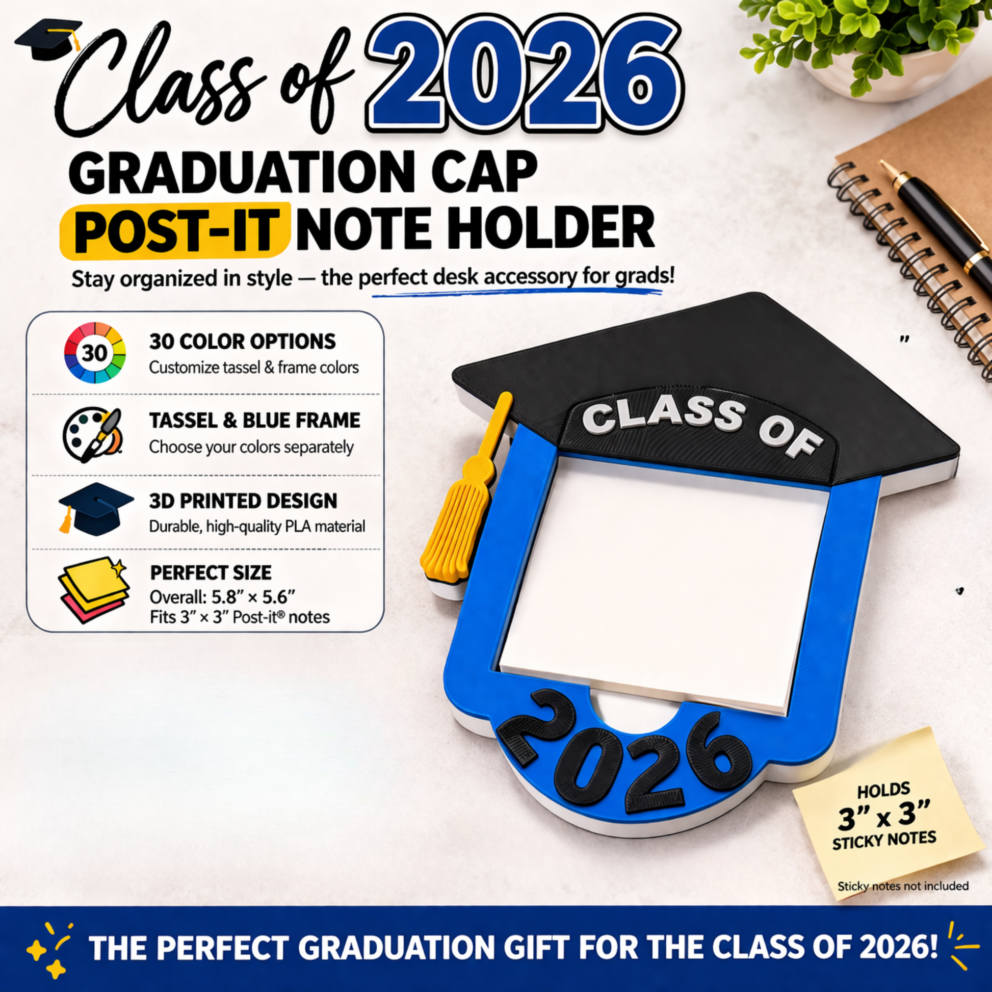 Unique grad gift for Class of 2026 — graduation cap note holder on college dorm desk