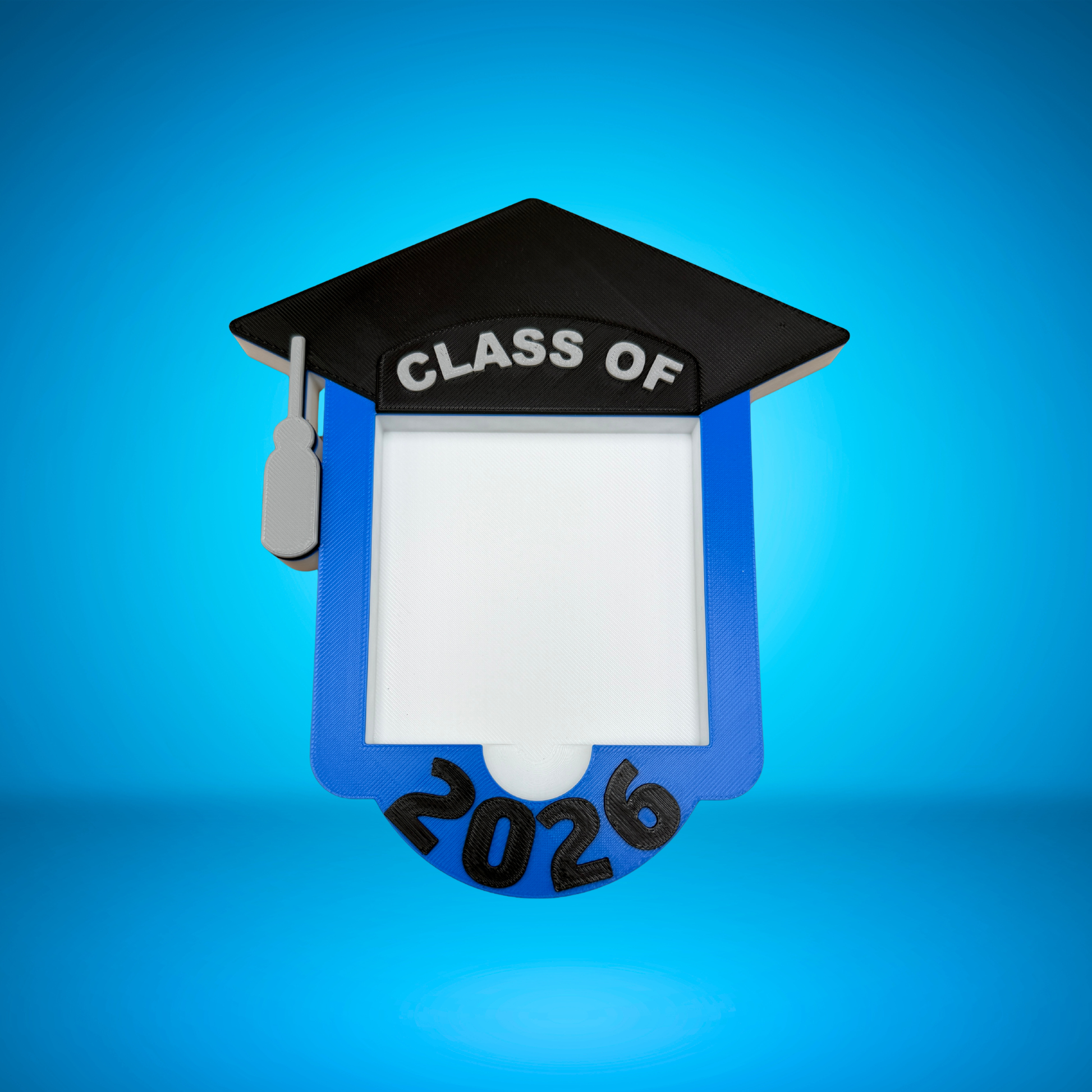 Unique graduation gift 2026 — Class of 2026 grad cap sticky note holder in blue and black, 3D printed
