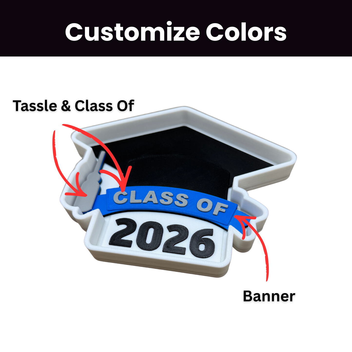 Custom Class of 2026 graduation keepsake dish showing depth and tray detail, 3D printed in school colors