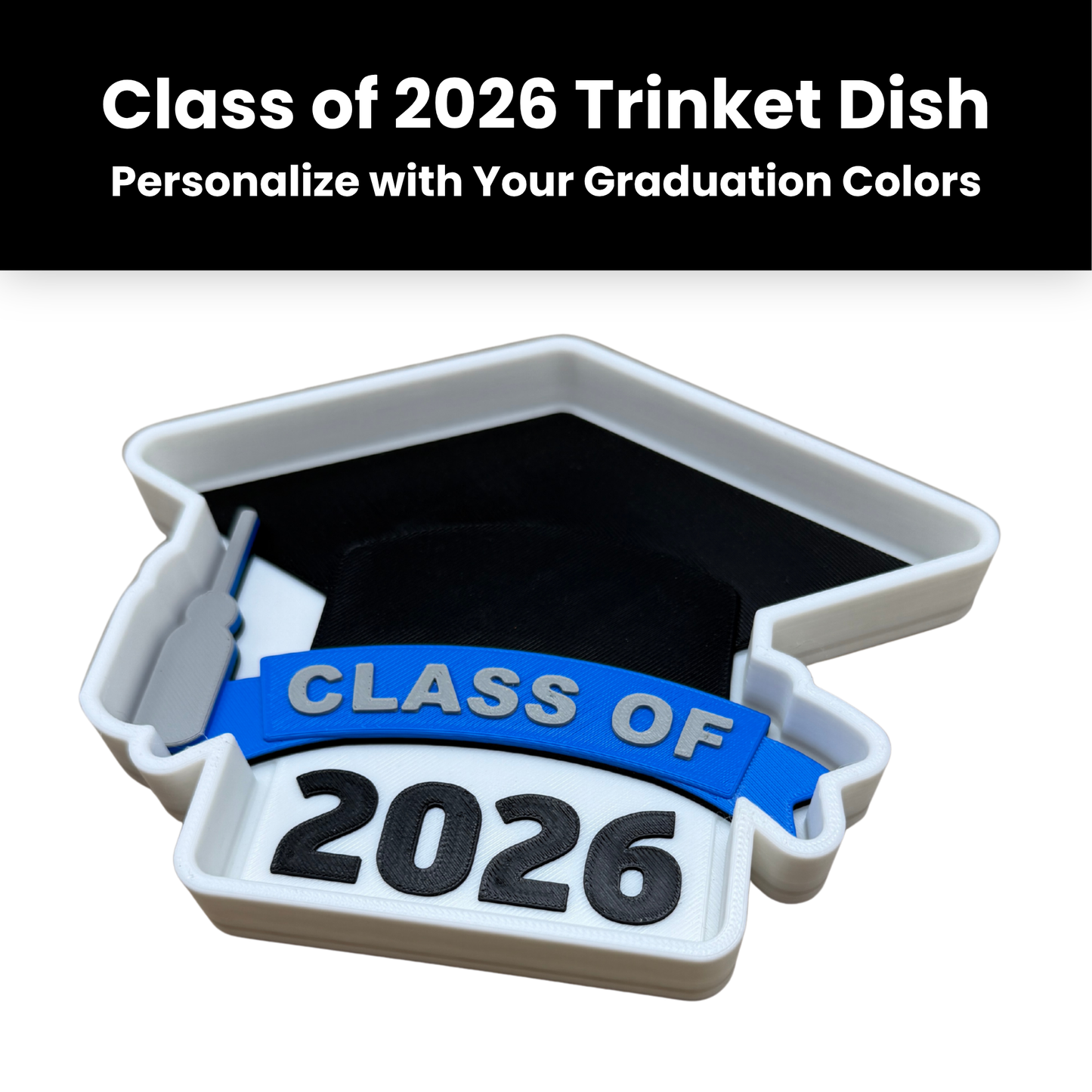 Class of 2026 trinket dish holding binder clips — functional personalized graduation keepsake for desk or dresser