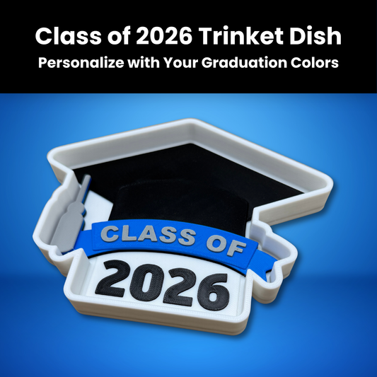 Personalized graduation gift 2026 — Class of 2026 grad cap trinket dish in black and blue, 3D printed