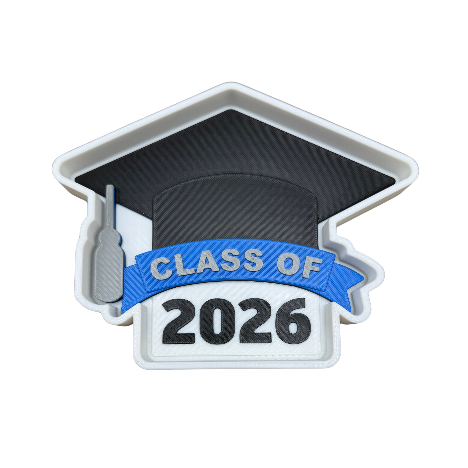 Custom Class of 2026 graduation keepsake dish showing depth and tray detail, 3D printed in school colors