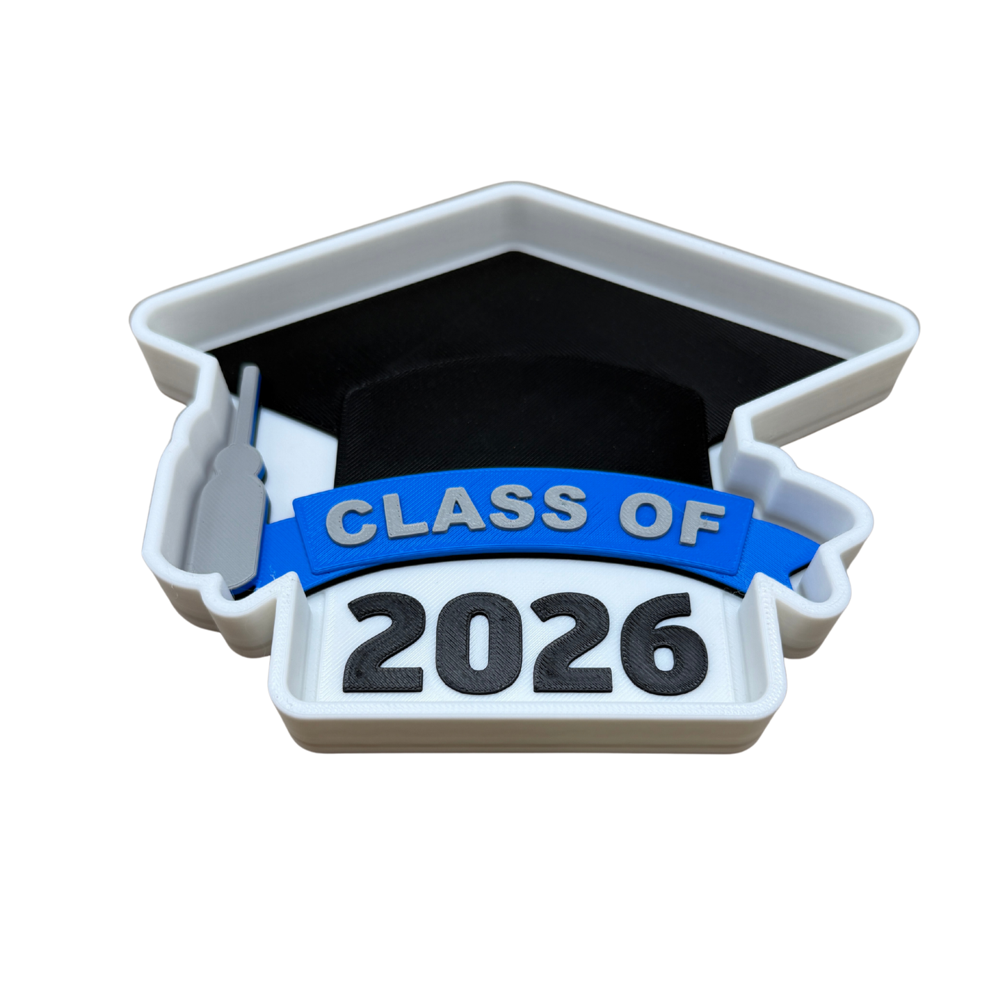 3D printed grad cap trinket dish with blue banner and black mortarboard — personalized Class of 2026 gift