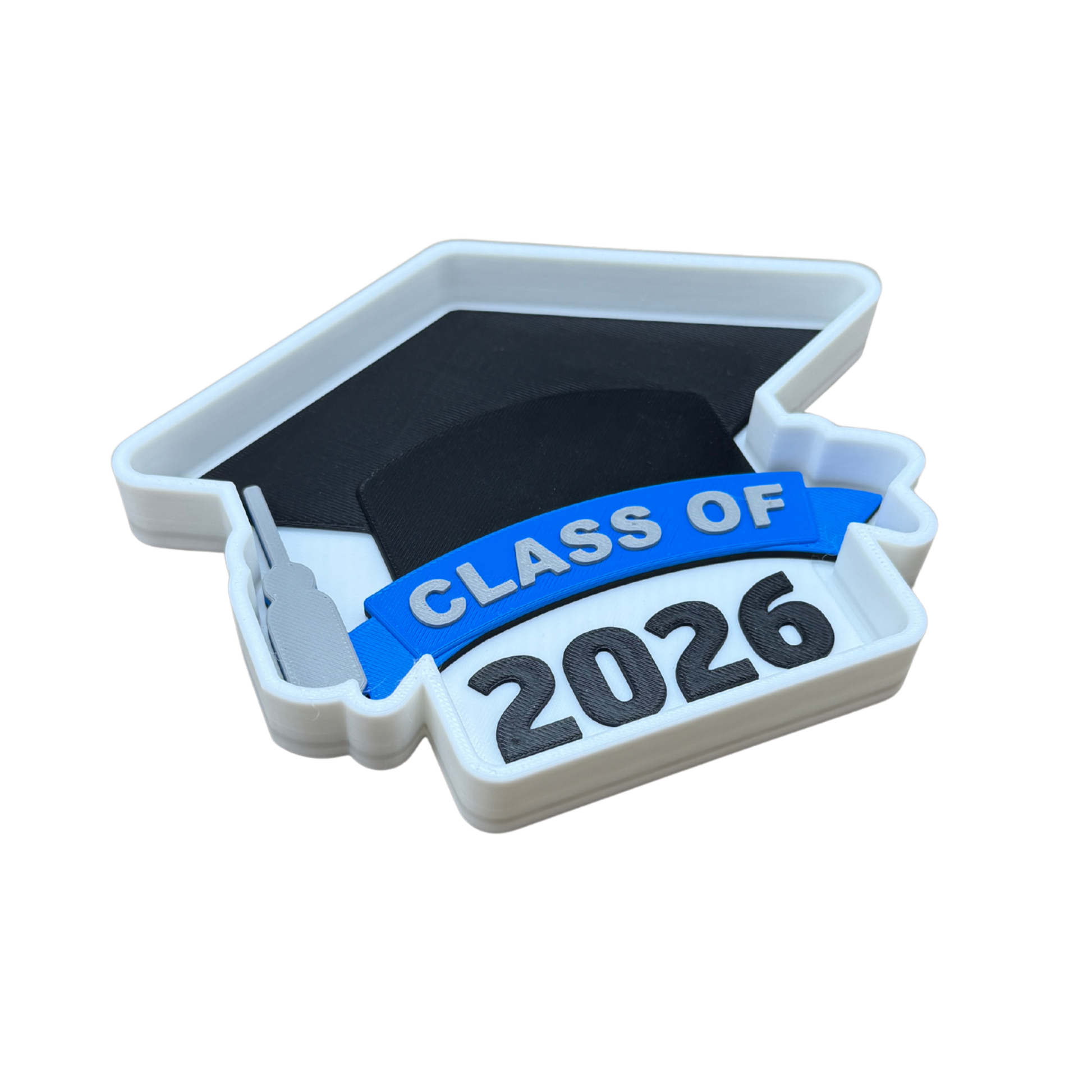 Personalized graduation gift 2026 — Class of 2026 grad cap trinket dish in black and blue, 3D printed