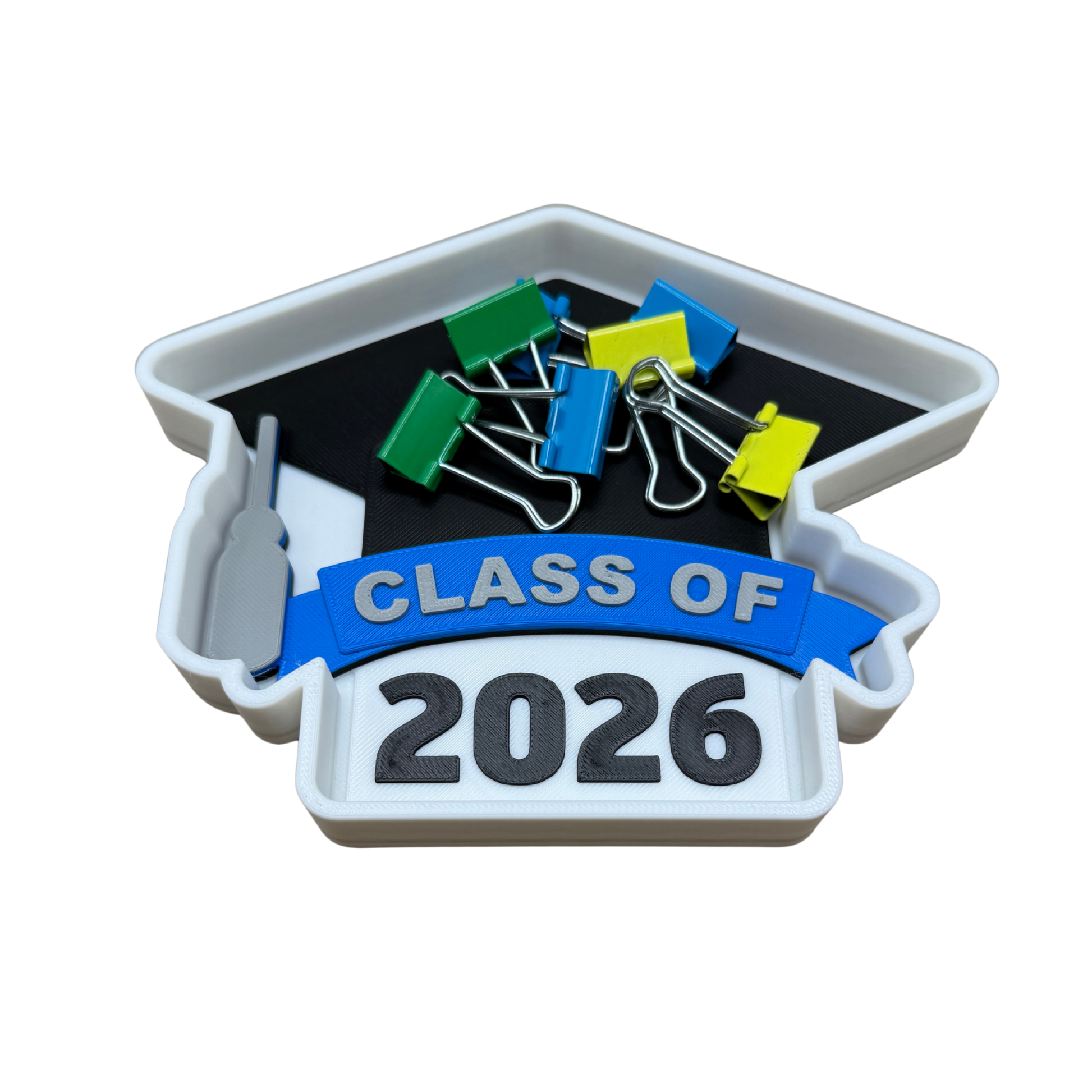 3D printed grad cap trinket dish with blue banner and black mortarboard — personalized Class of 2026 gift