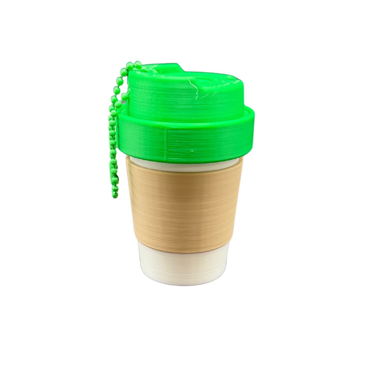 small coffee cup keychain container attached to backpack zipper