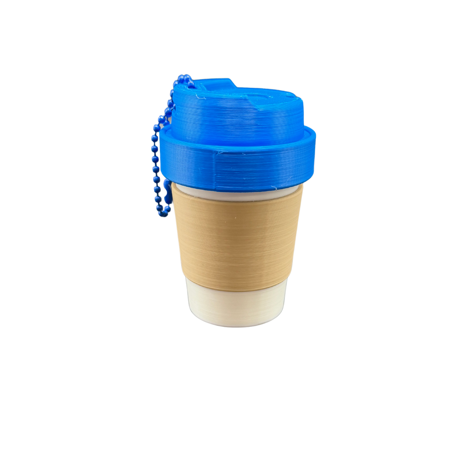 small coffee cup keychain container attached to backpack zipper