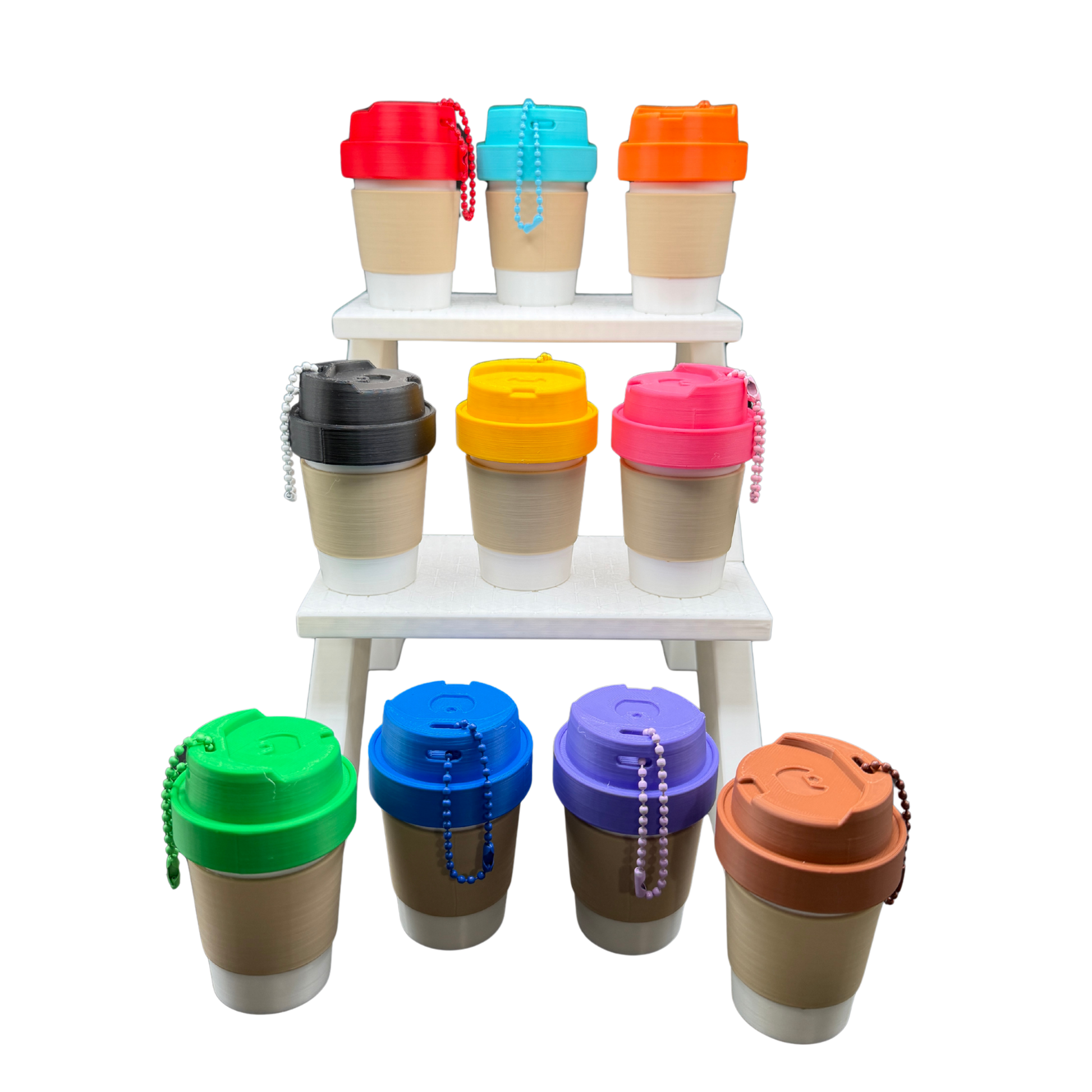 mini coffee cup keychain container attached to keys