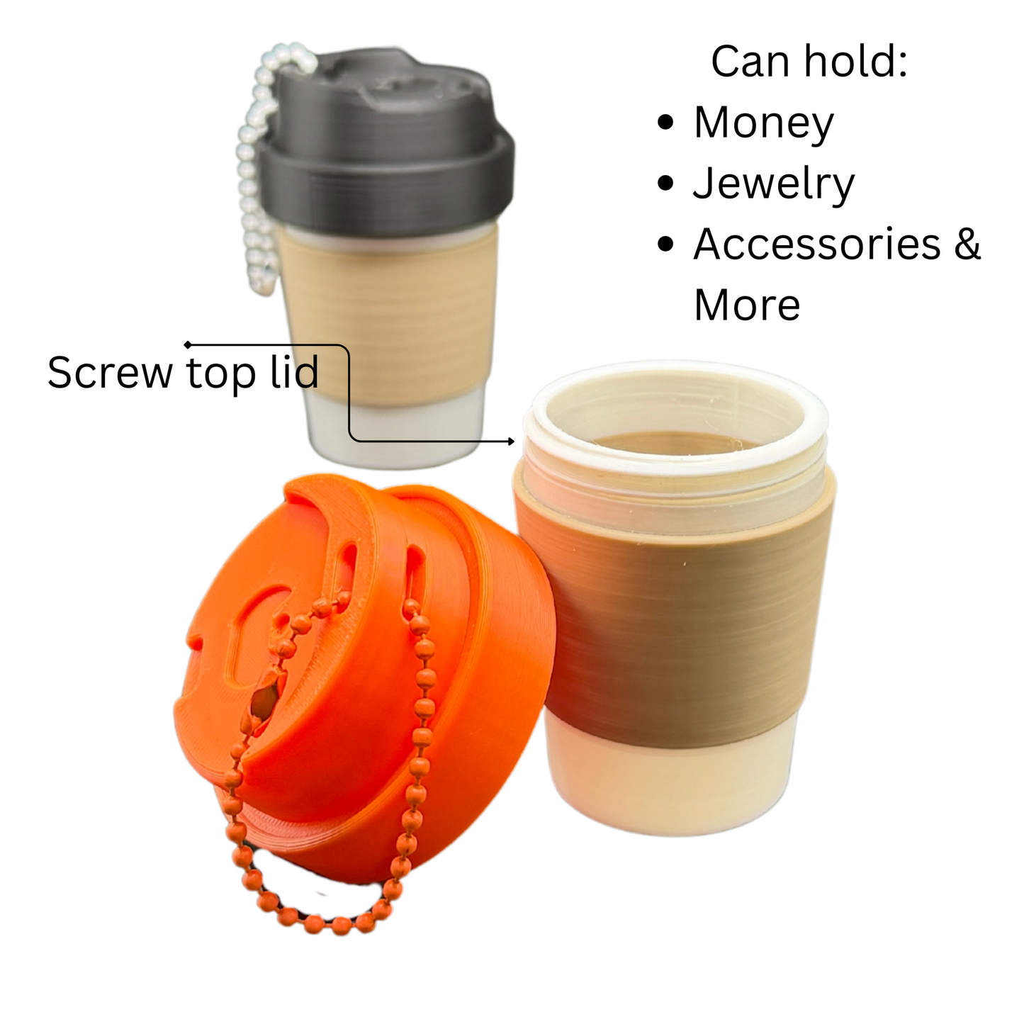 coffee cup keychain container with hidden storage open showing compartment