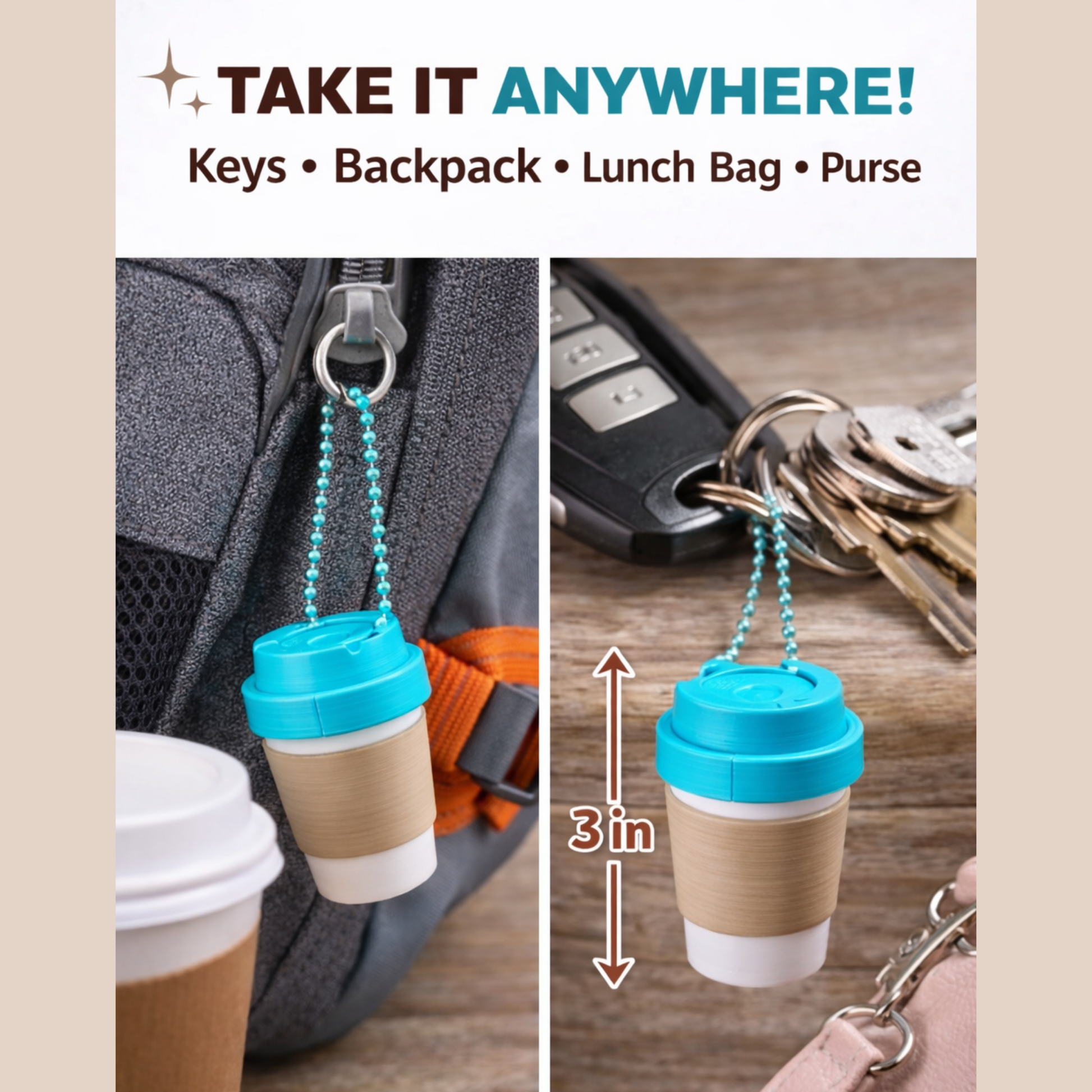 small coffee cup keychain container attached to backpack zipper