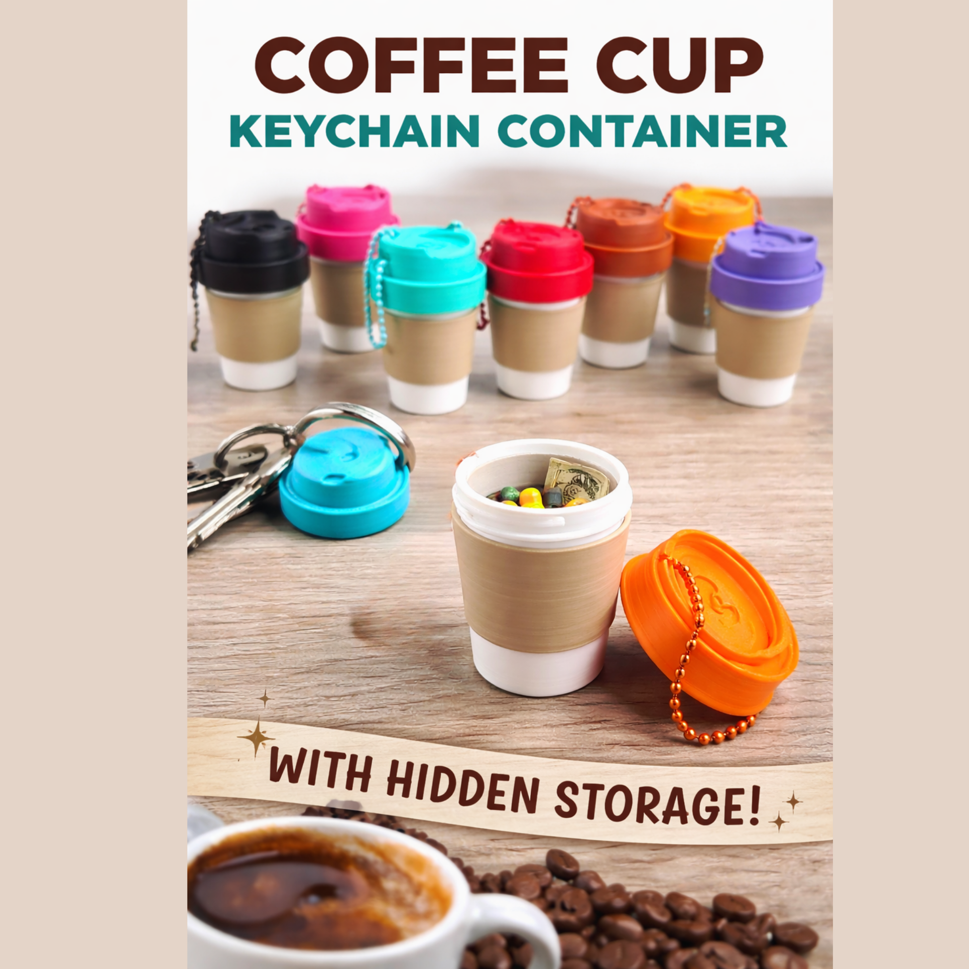 coffee cup keychain container with hidden storage open showing compartment