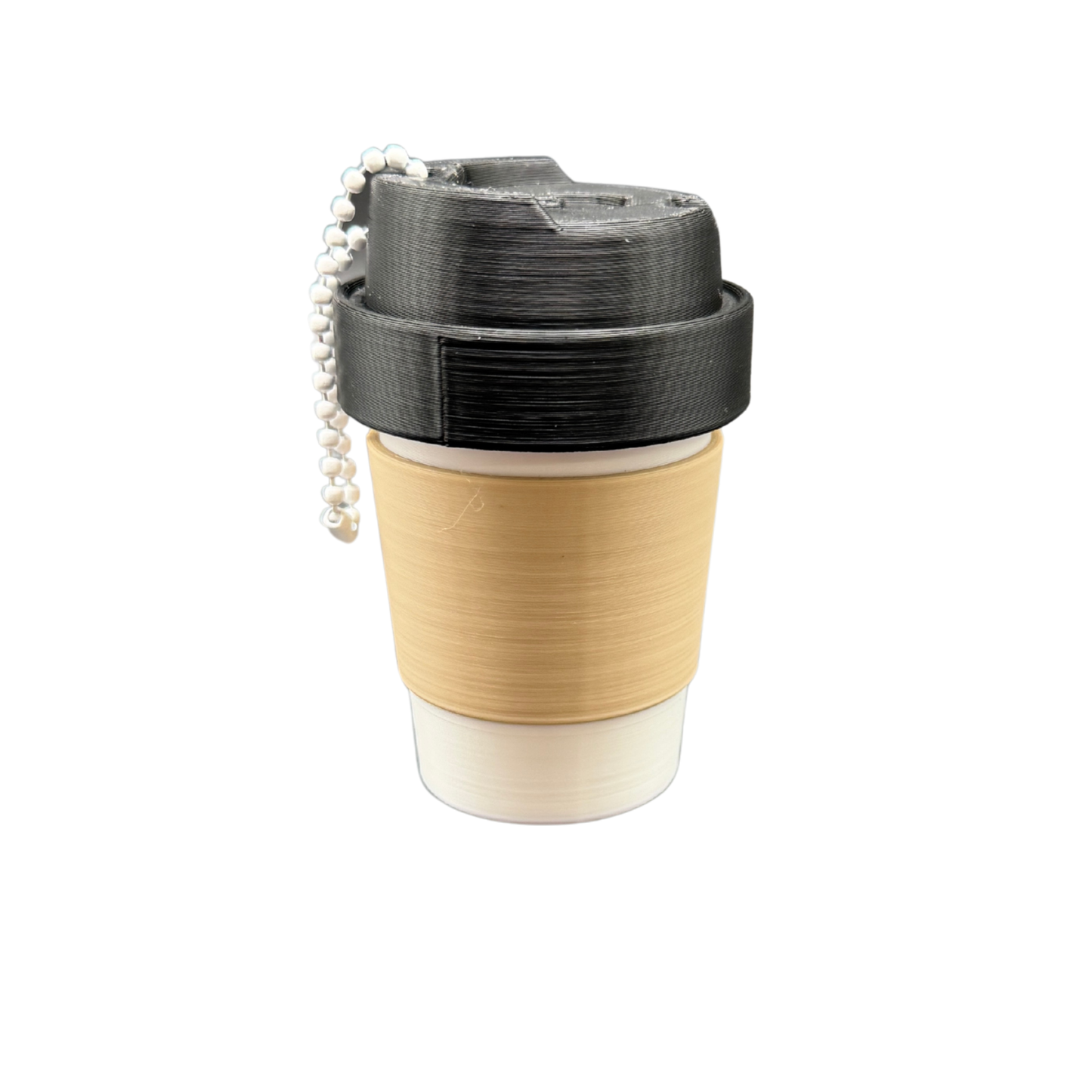 mini coffee cup keychain container attached to keys