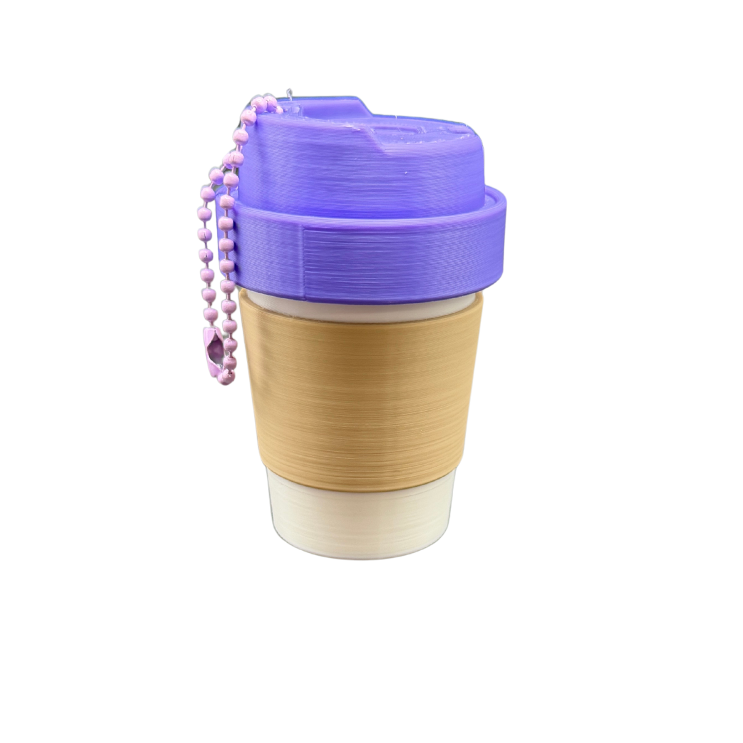 small coffee cup keychain container attached to backpack zipper