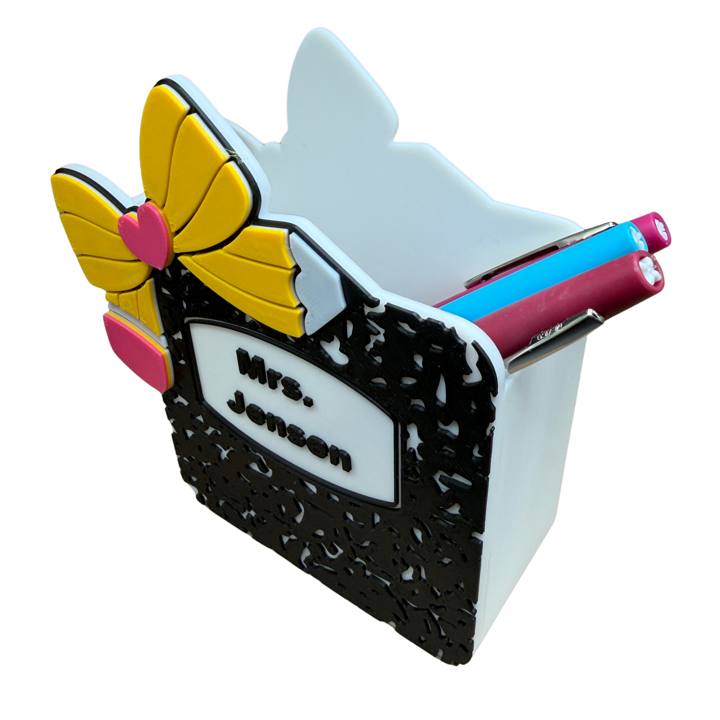Personalized Teacher Pen Holder – Composition Notebook Desk Organizer with Pencil Bow | Teacher Desk Decor
