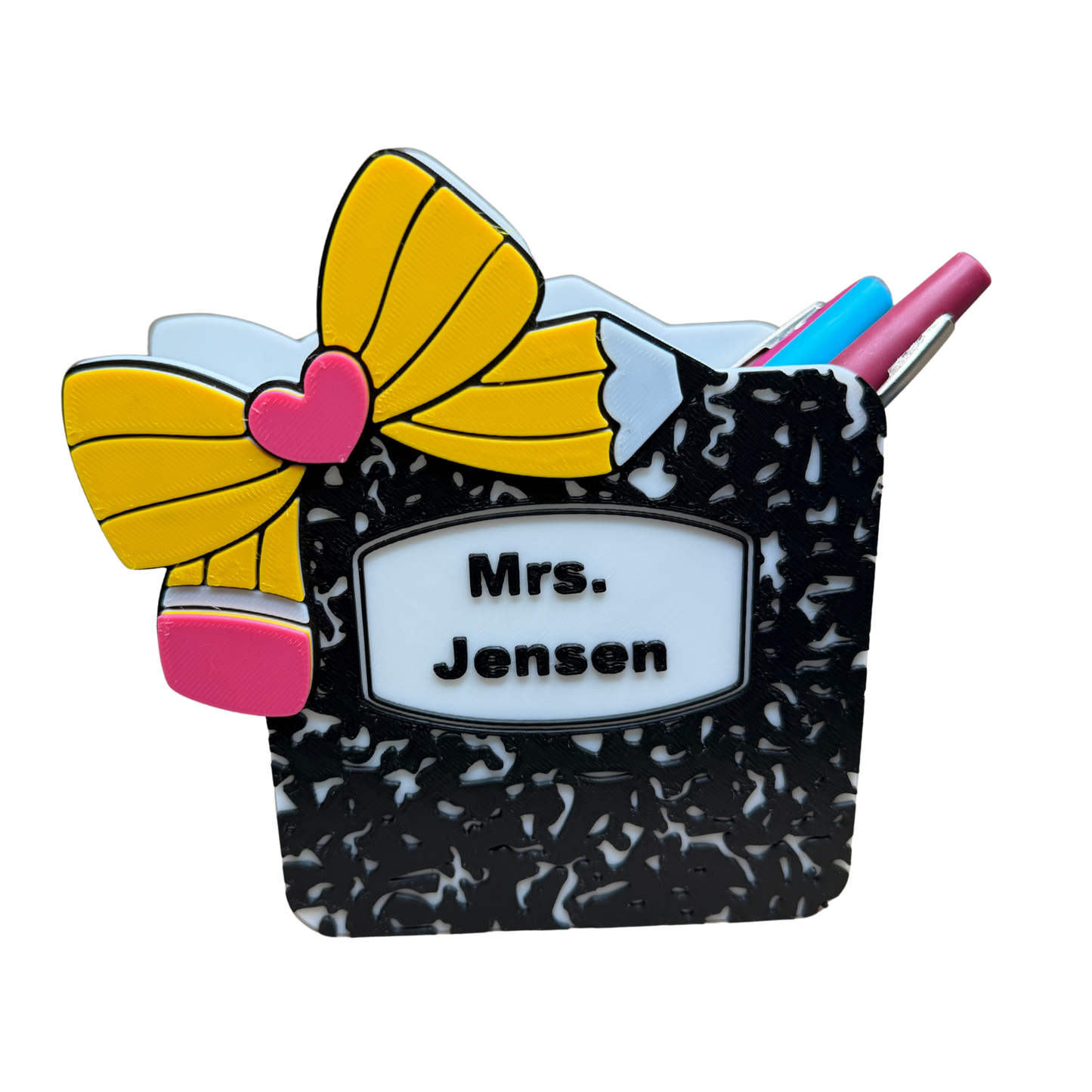 Personalized Teacher Pen Holder – Composition Notebook Desk Organizer with Pencil Bow | Teacher Desk Decor