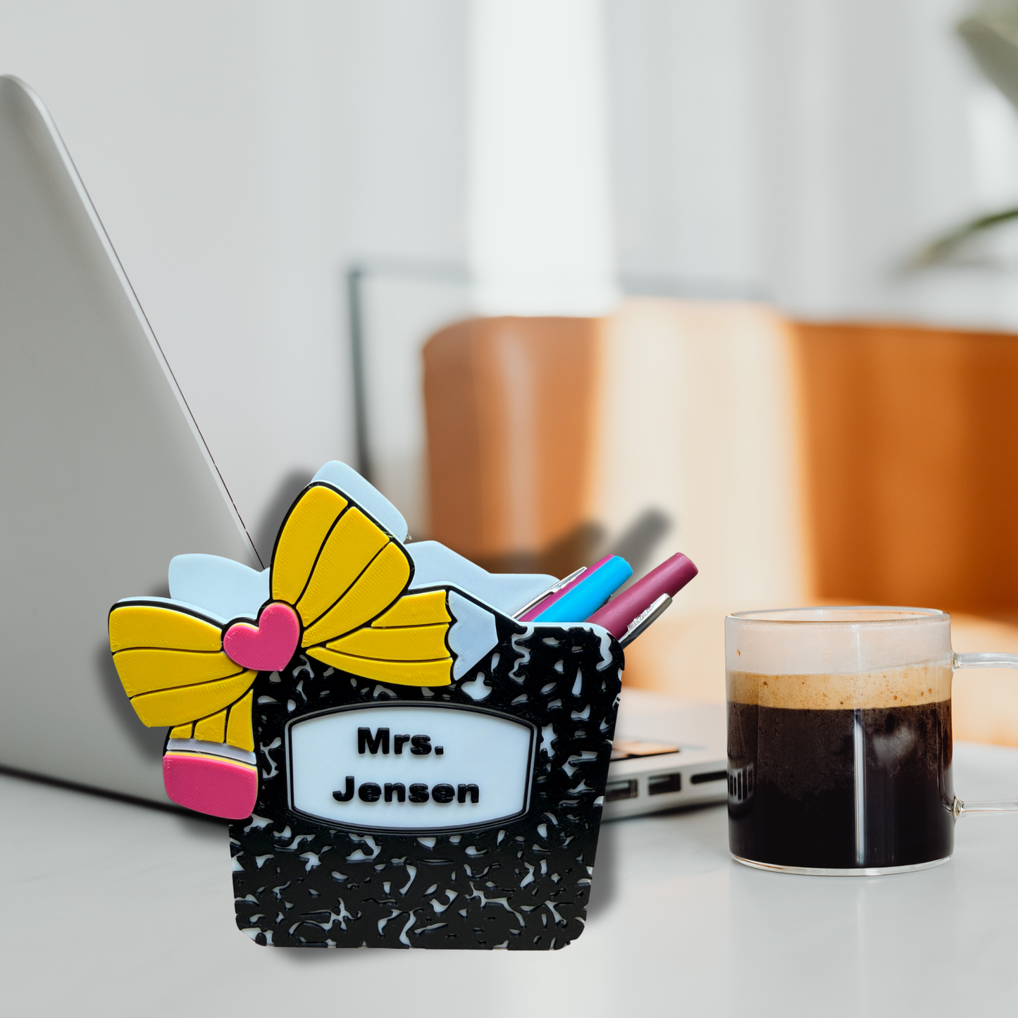 Personalized Teacher Pen Holder – Composition Notebook Desk Organizer with Pencil Bow | Teacher Desk Decor