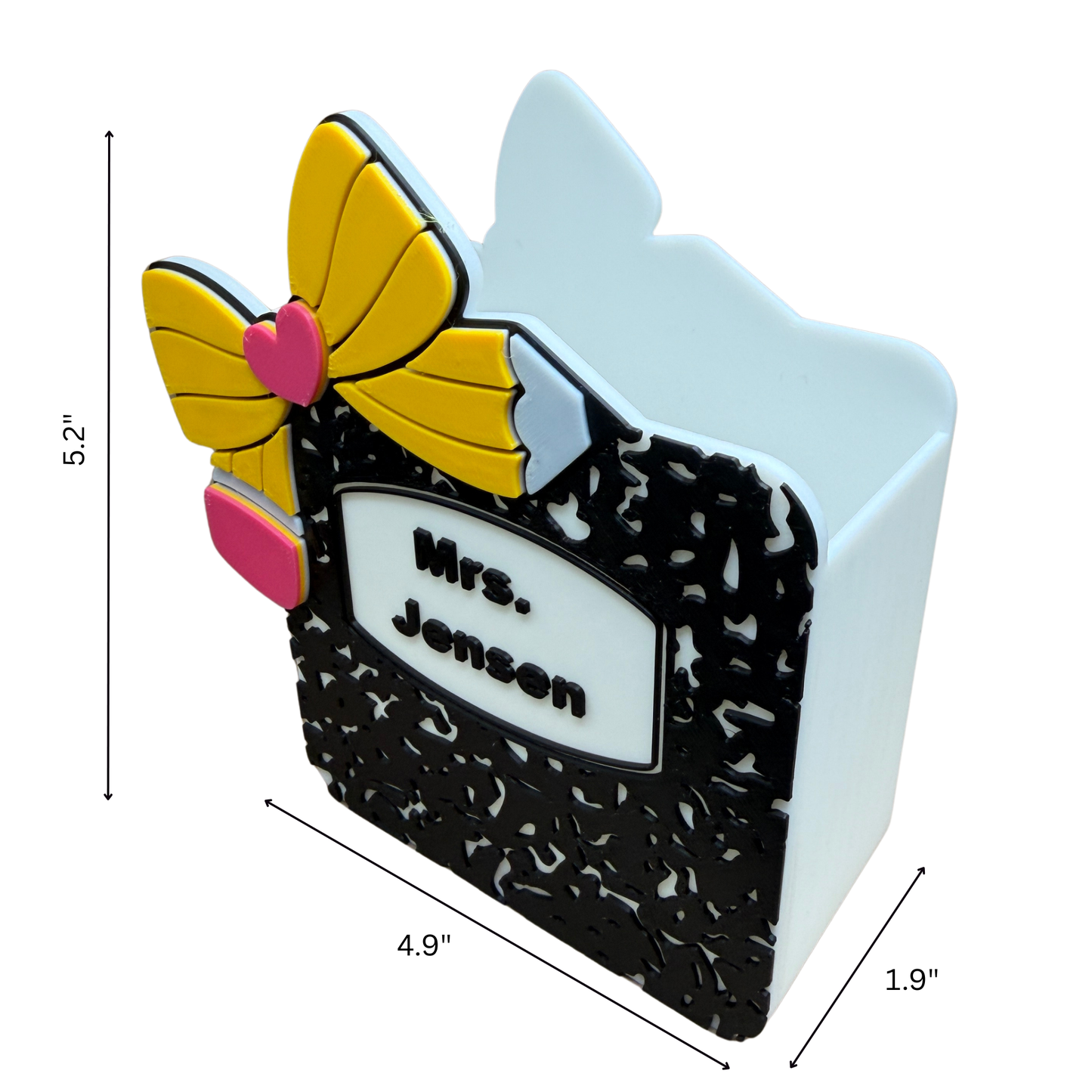 Personalized Teacher Pen Holder – Composition Notebook Desk Organizer with Pencil Bow | Teacher Desk Decor