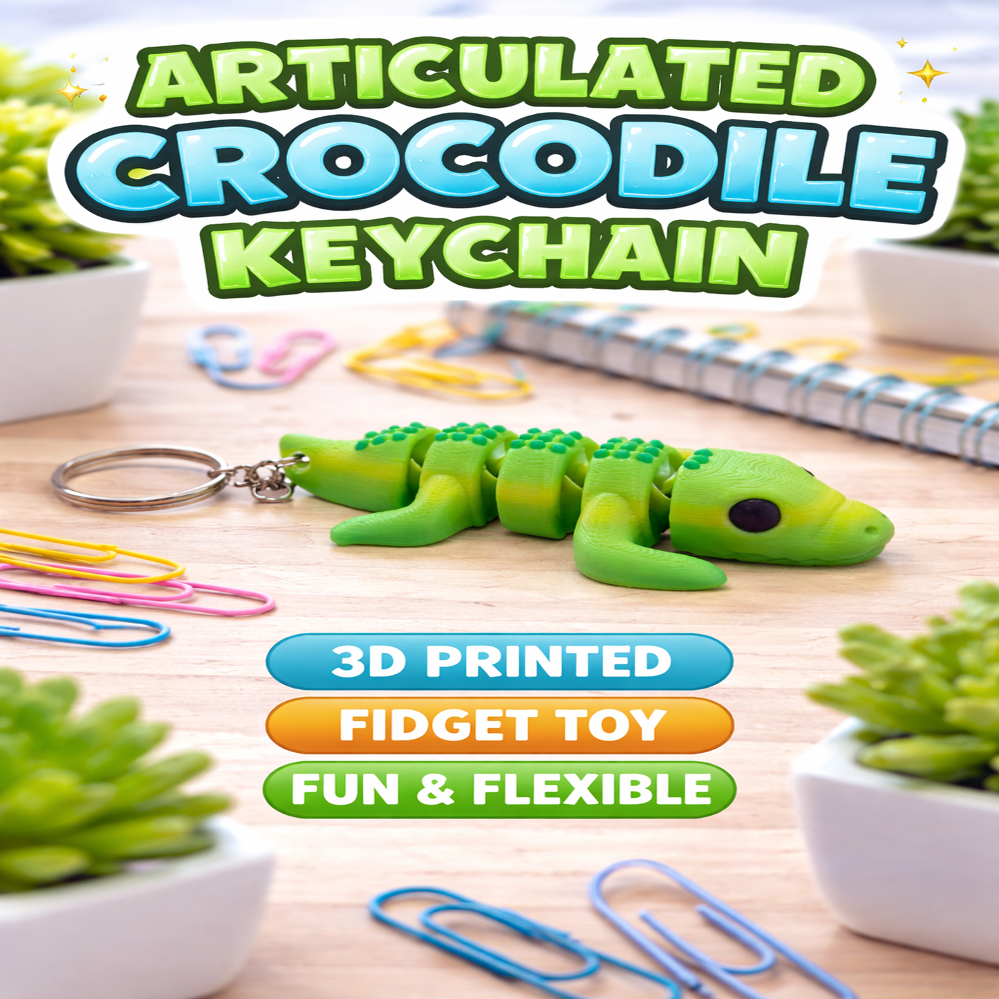 Articulated Crocodile Keychain 3D printed fidget toy close up