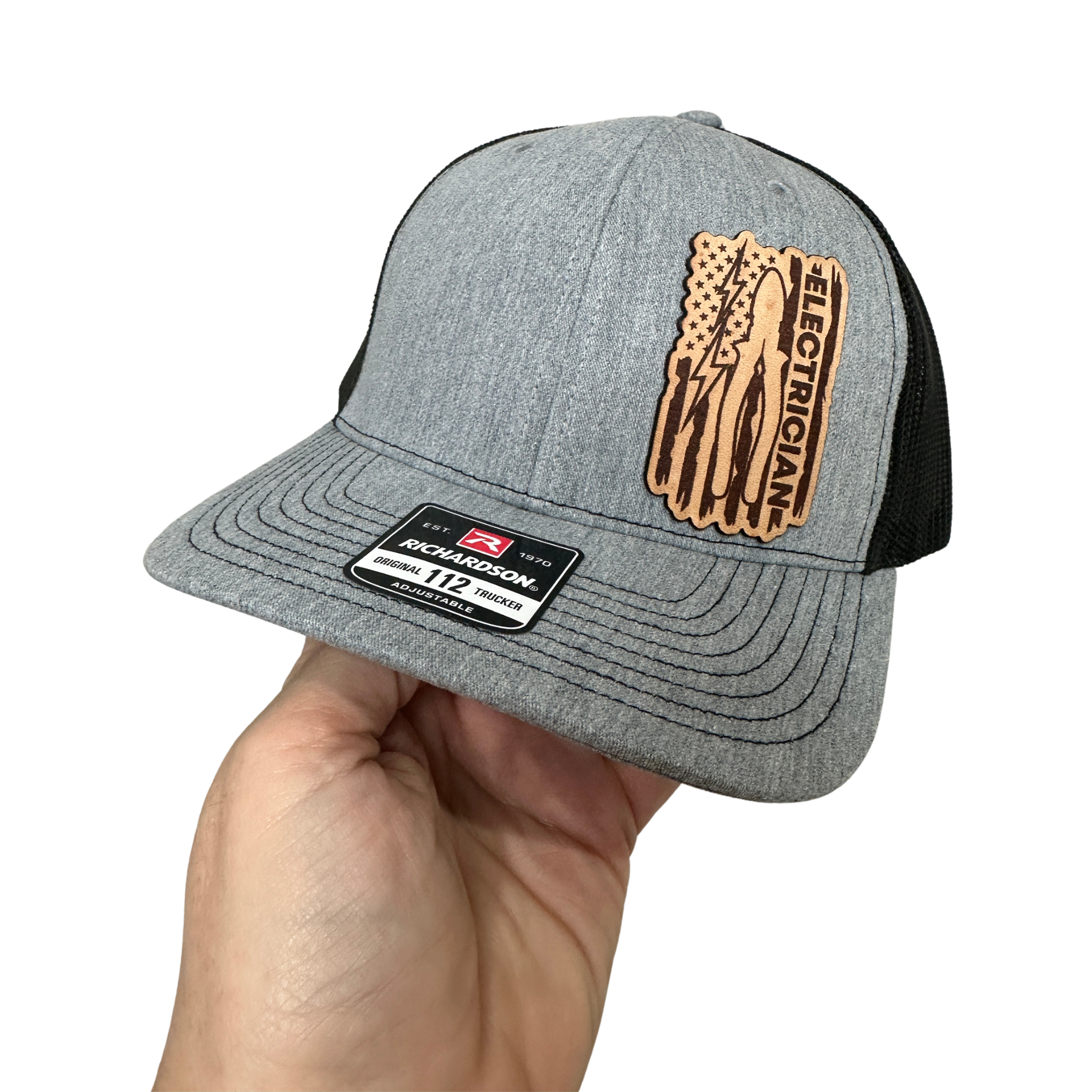 Blue collar electrician hat heather grey with laser engraved leather patch American flag design