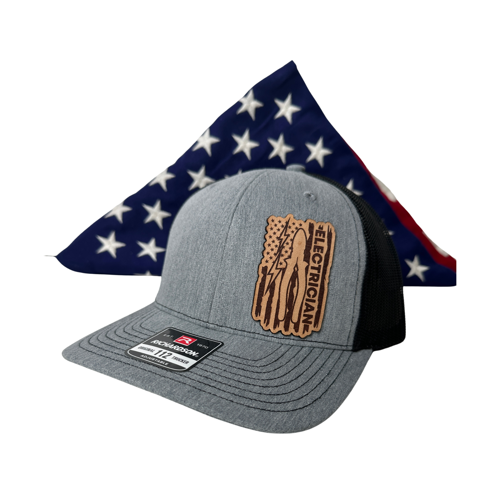 Laser engraved leather patch close-up electrician American flag lightning bolt pliers detail