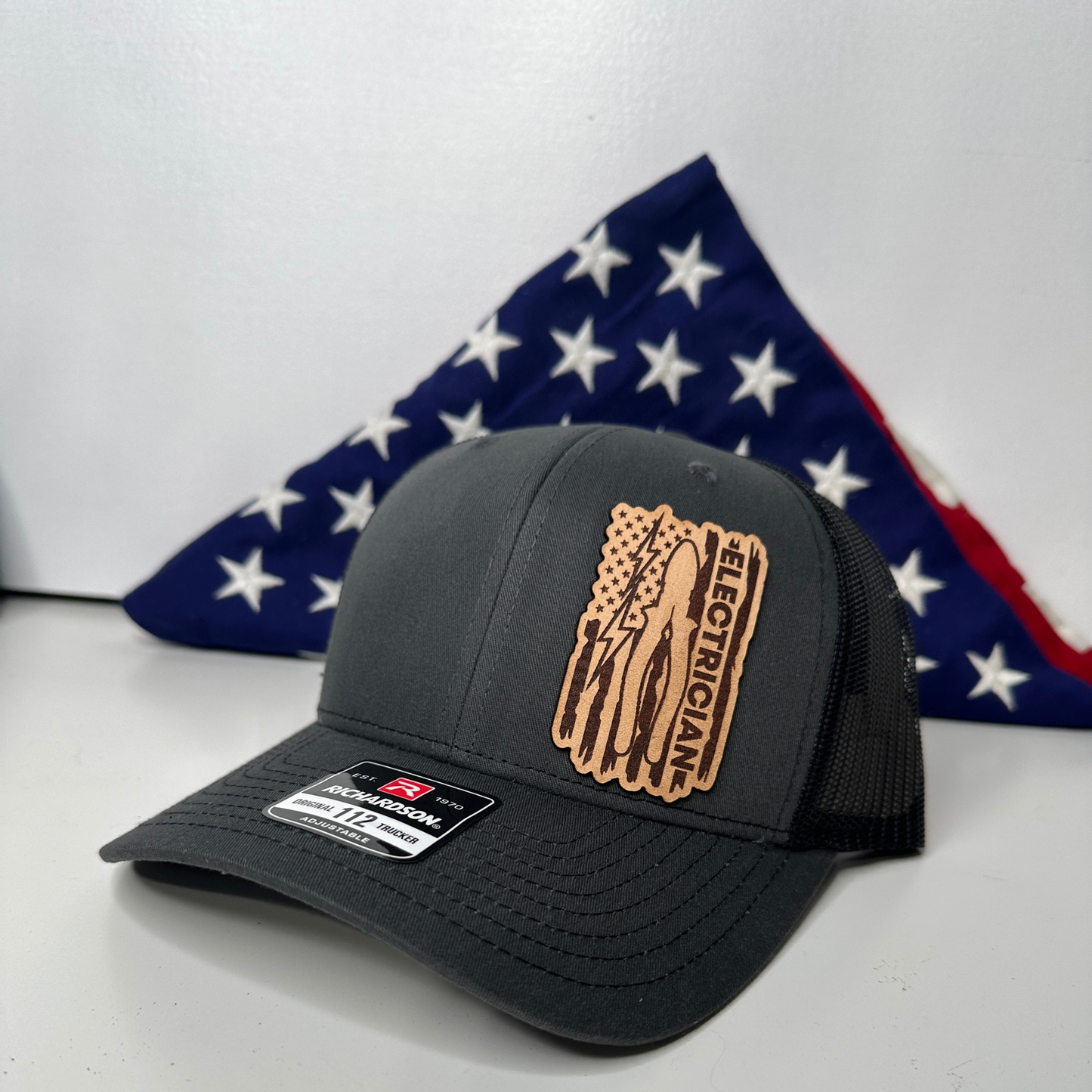 Electrician gift trucker hat leather patch blue collar American flag Richardson snapback
